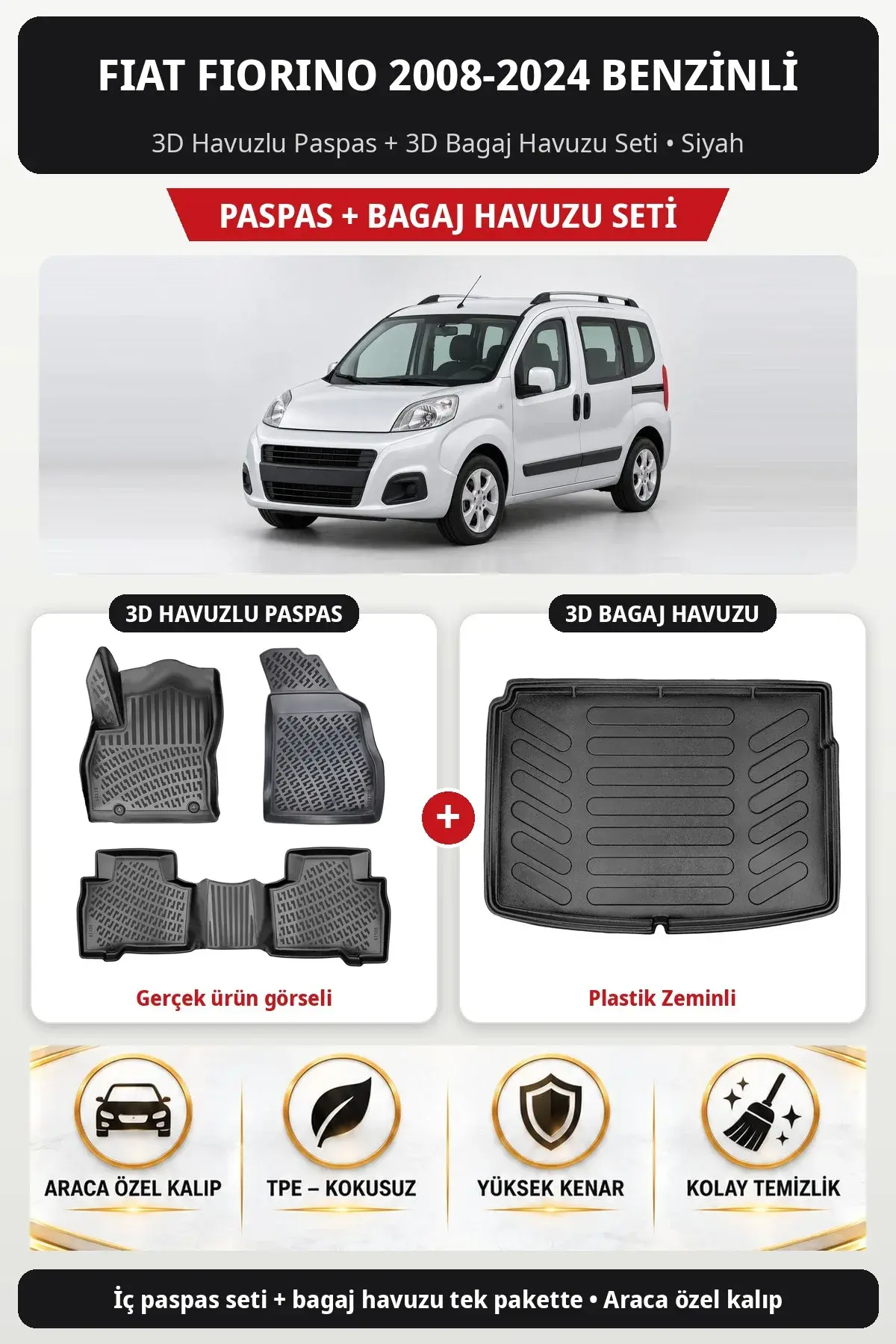 Fiat Fiorino 2008-2024 Benzinli 3D Havuzlu Paspas + 3D Bagaj Havuzu Seti (Plastik Zeminli) Bej (1)
