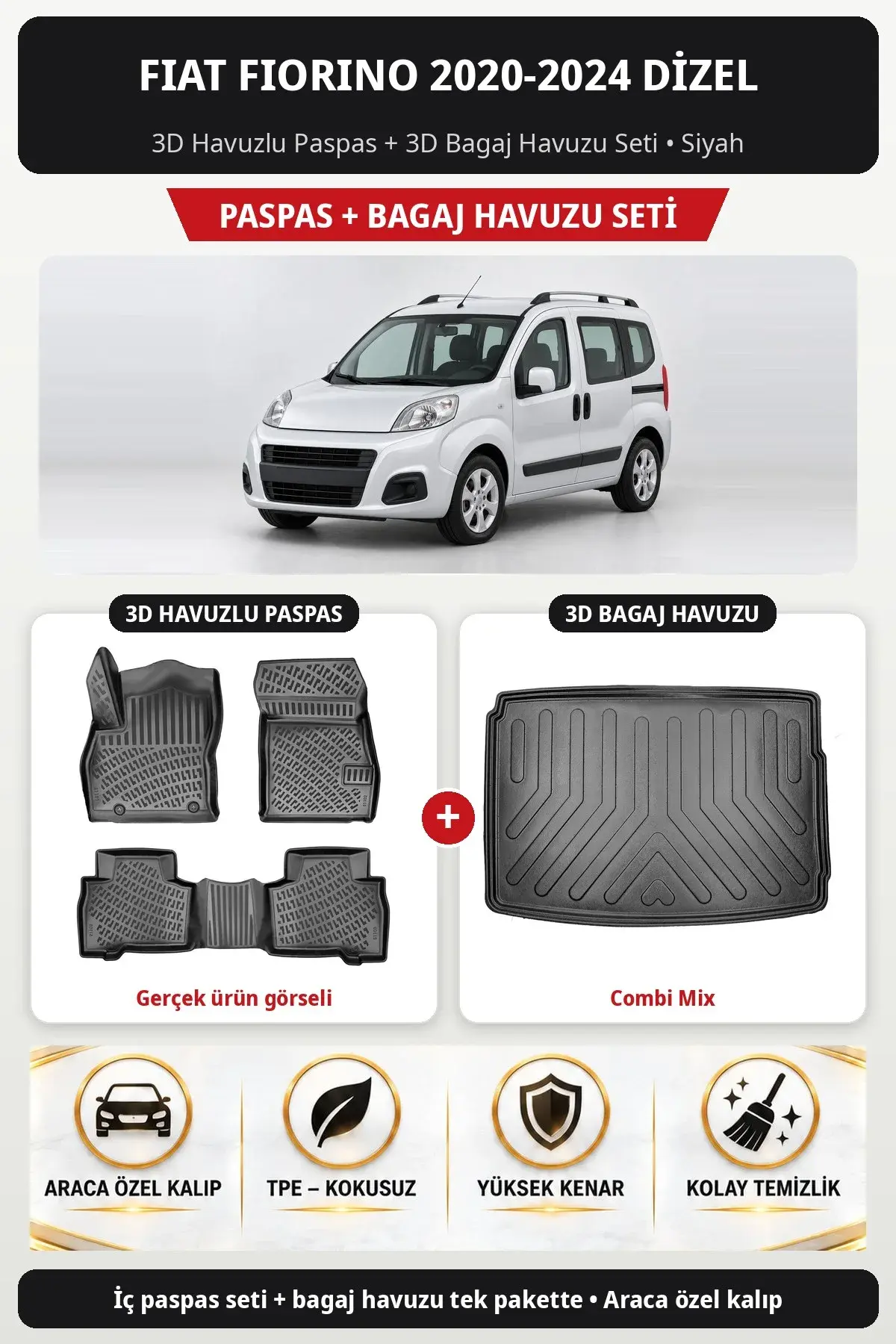 Fiat Fiorino 2020-2024 Dizel 3D Havuzlu Paspas + 3D Bagaj Havuzu Seti (Combi Mix) Siyah (1)