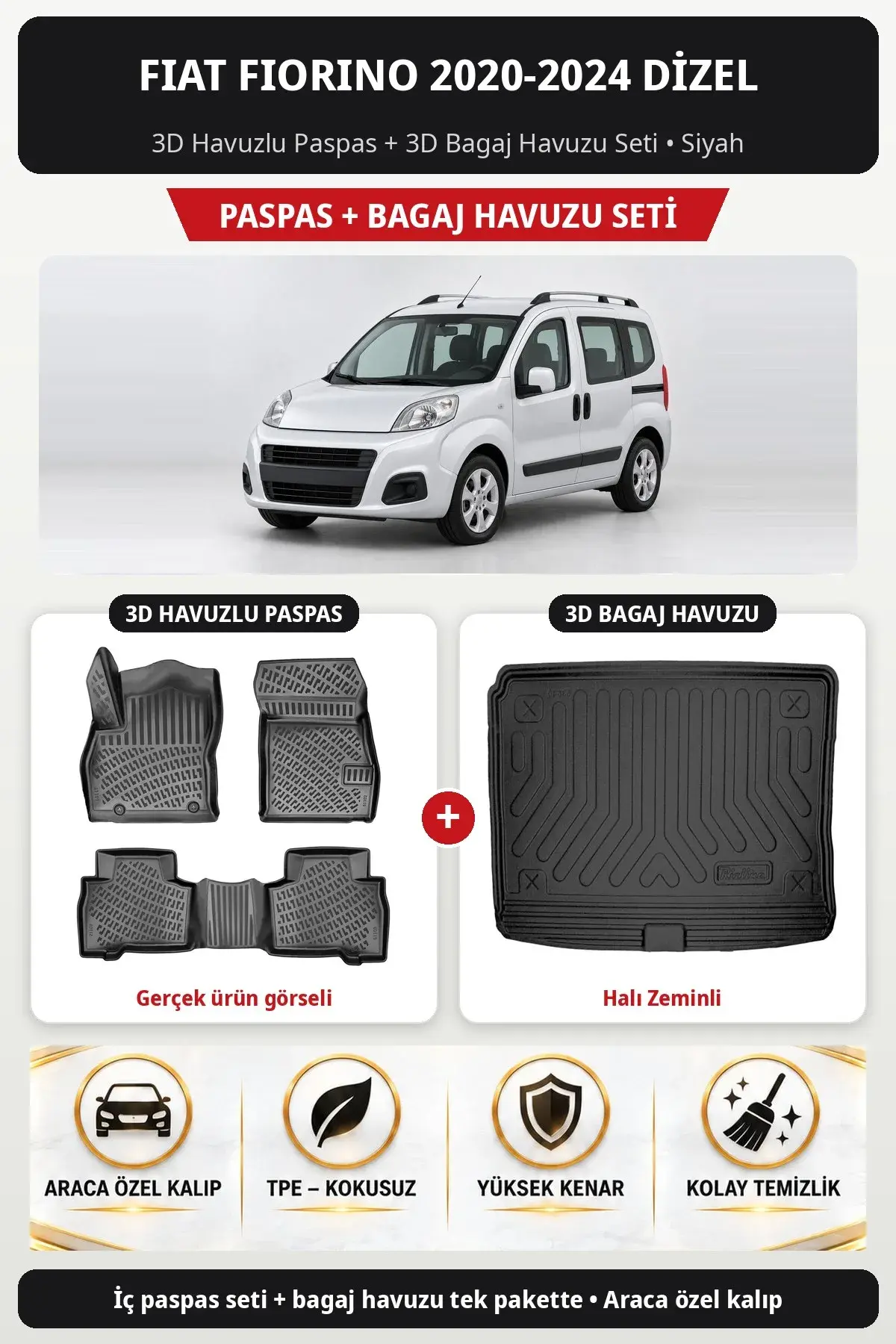 Fiat Fiorino 2020-2024 Dizel 3D Havuzlu Paspas + 3D Bagaj Havuzu Seti (Halı Zeminli) Siyah (1)