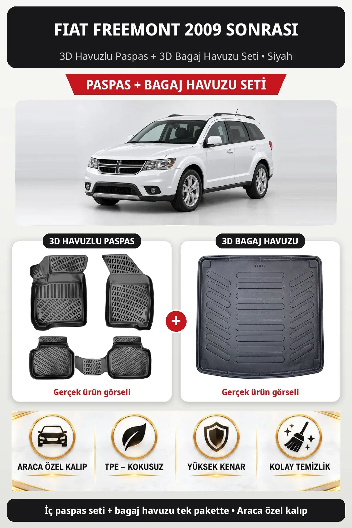 Fiat Freemont 2009 Sonrası 3D Havuzlu Paspas + 3D Bagaj Havuzu Seti Siyah (1)