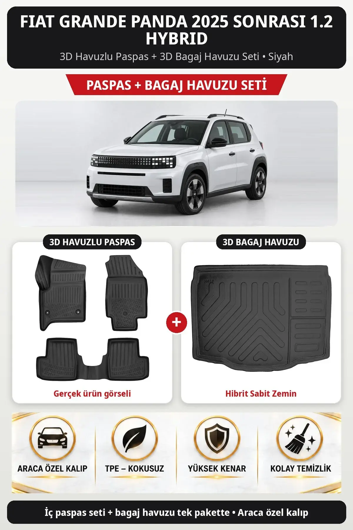 Fiat Grande Panda 2025 Sonrası 1.2 Hybrid 3D Paspas + Bagaj Havuzu Seti (Hibrit Sabit Zemin) Siyah (1)