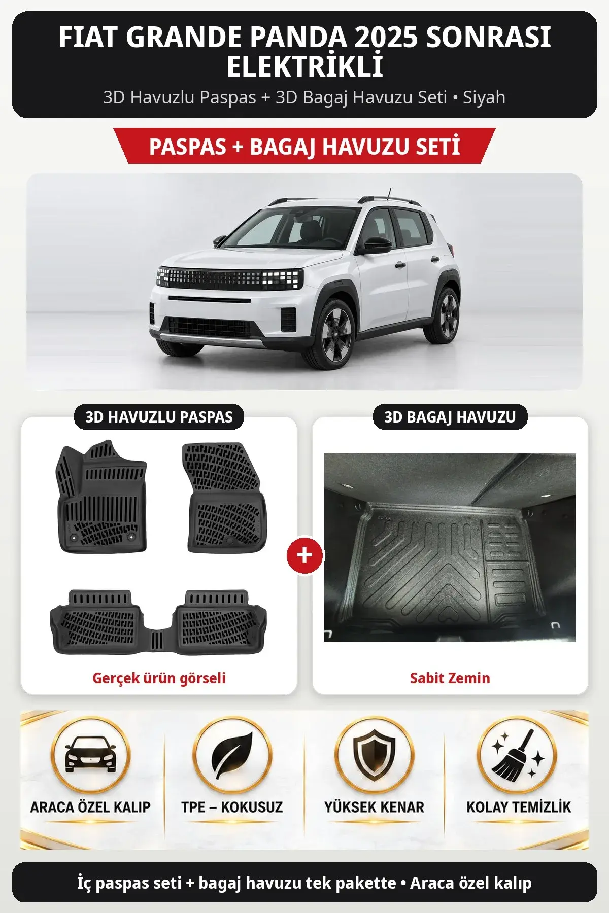 Fiat Grande Panda 2025 Sonrası Elektrikli 3D Paspas + Bagaj Havuzu Seti (Sabit Zemin) Siyah (1)