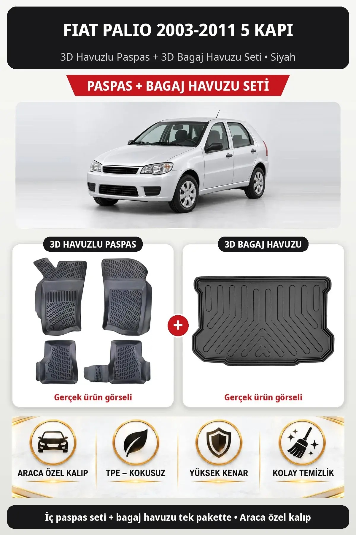 Fiat Palio 2003-2011 5 Kapı 3D Havuzlu Paspas + 3D Bagaj Havuzu Seti Siyah (1)