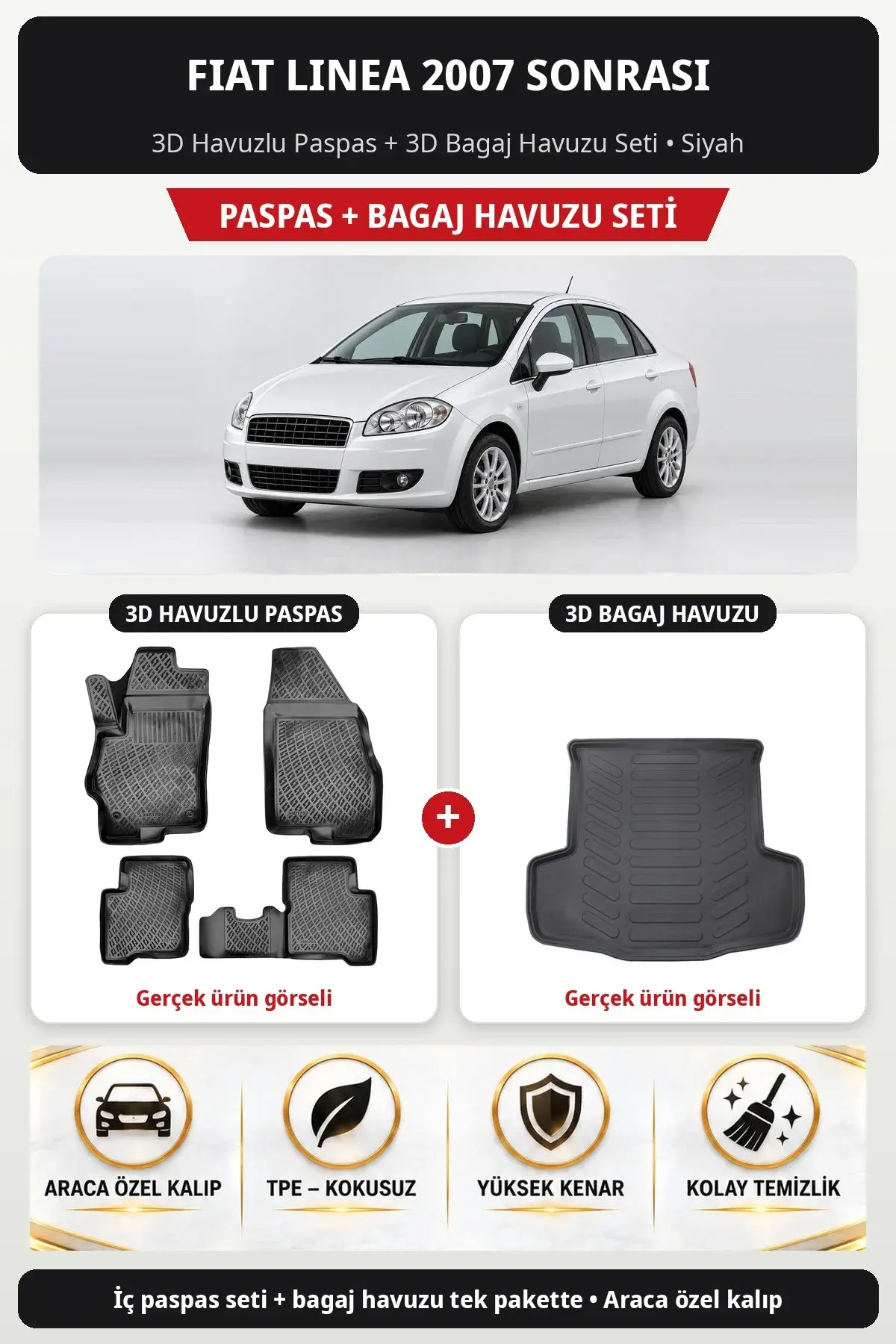 Fiat Linea 2007 Sonrası 3D Havuzlu Paspas + 3D Bagaj Havuzu Seti Siyah (1)