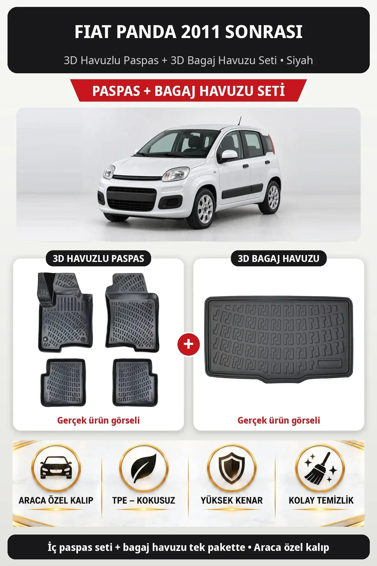 Fiat Panda 2011 Sonrası 3D Havuzlu Paspas + 3D Bagaj Havuzu Seti Siyah (1)