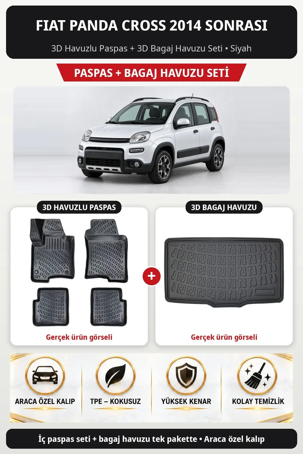 Fiat Panda Cross 2014 Sonrası 3D Havuzlu Paspas + 3D Bagaj Havuzu Seti Siyah (1)