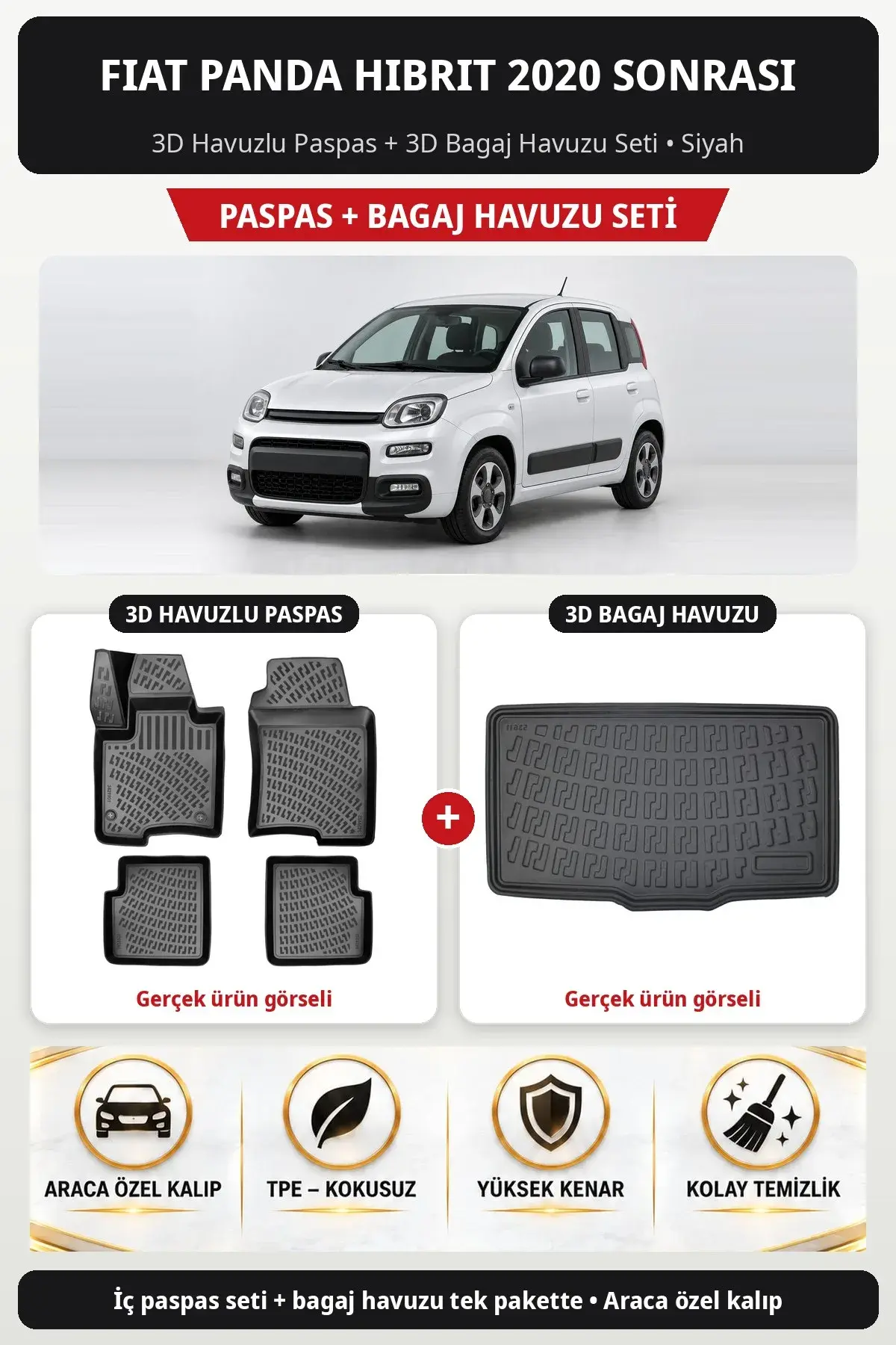 Fiat Panda Hibrit 2020 Sonrası 3D Havuzlu Paspas + 3D Bagaj Havuzu Seti Siyah (1)