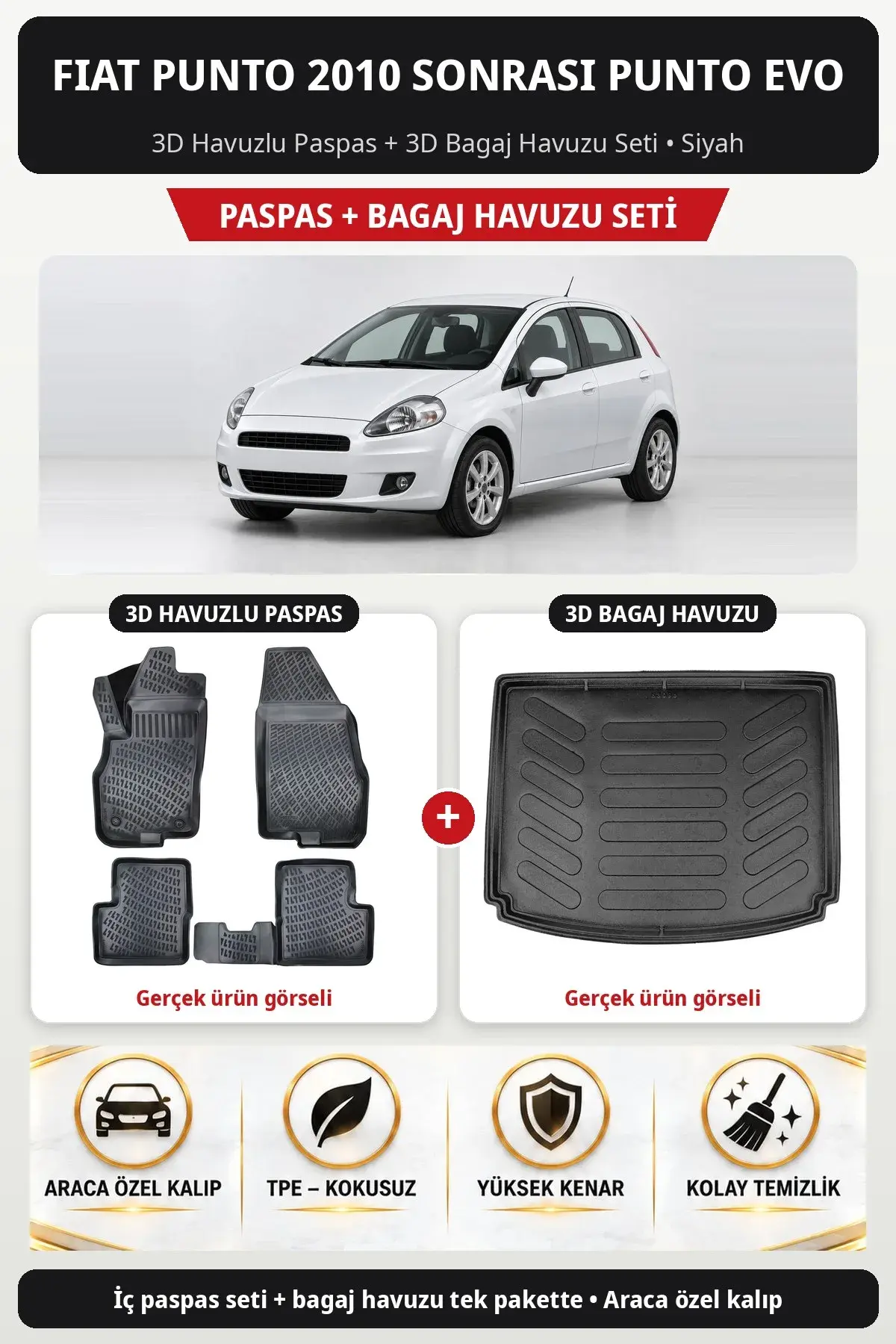 Fiat Punto 2010 Sonrası Punto Evo 3D Havuzlu Paspas + 3D Bagaj Havuzu Seti Siyah (1)