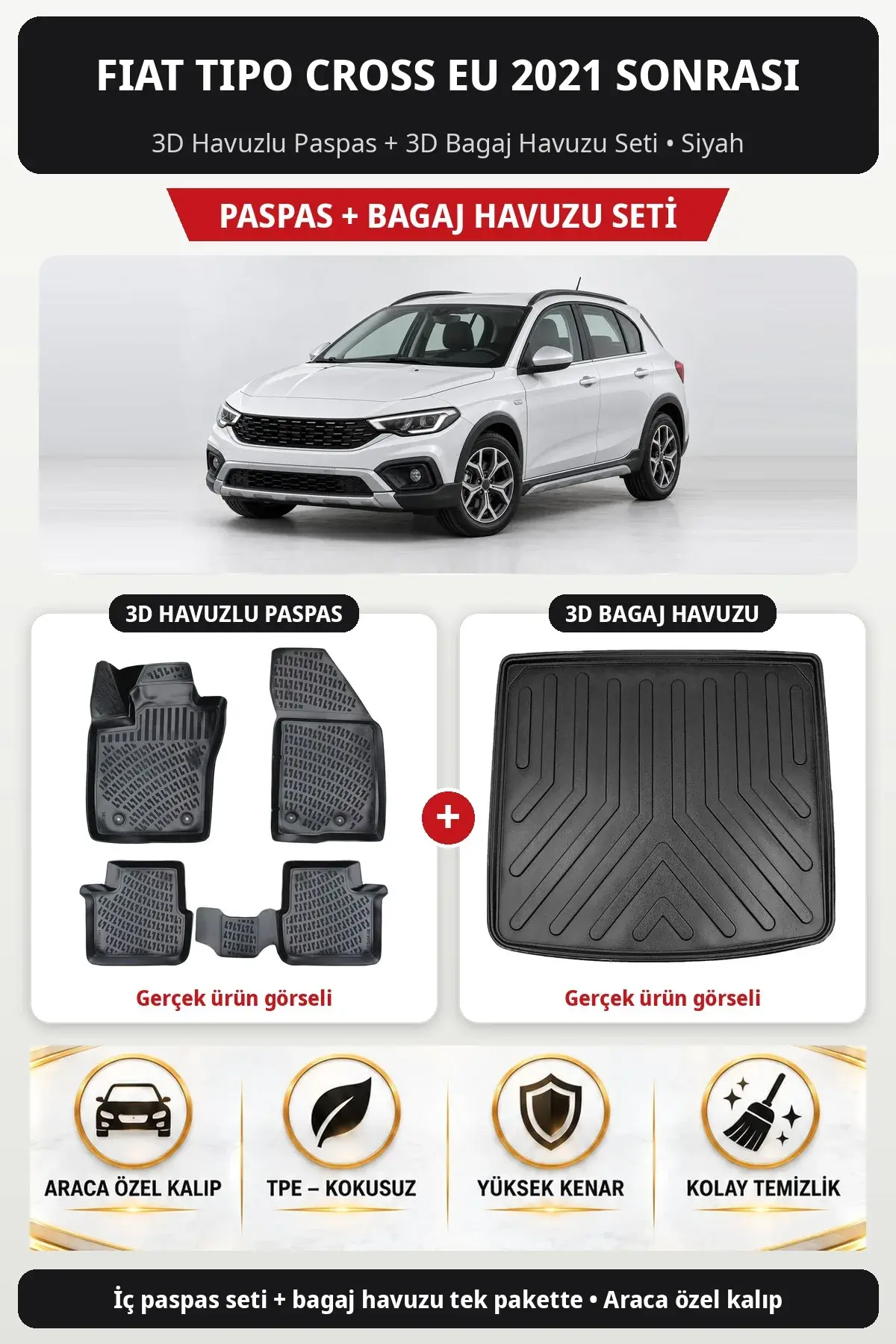 Fiat Tipo Cross EU 2021 Sonrası 3D Havuzlu Paspas + 3D Bagaj Havuzu Seti Siyah (1)