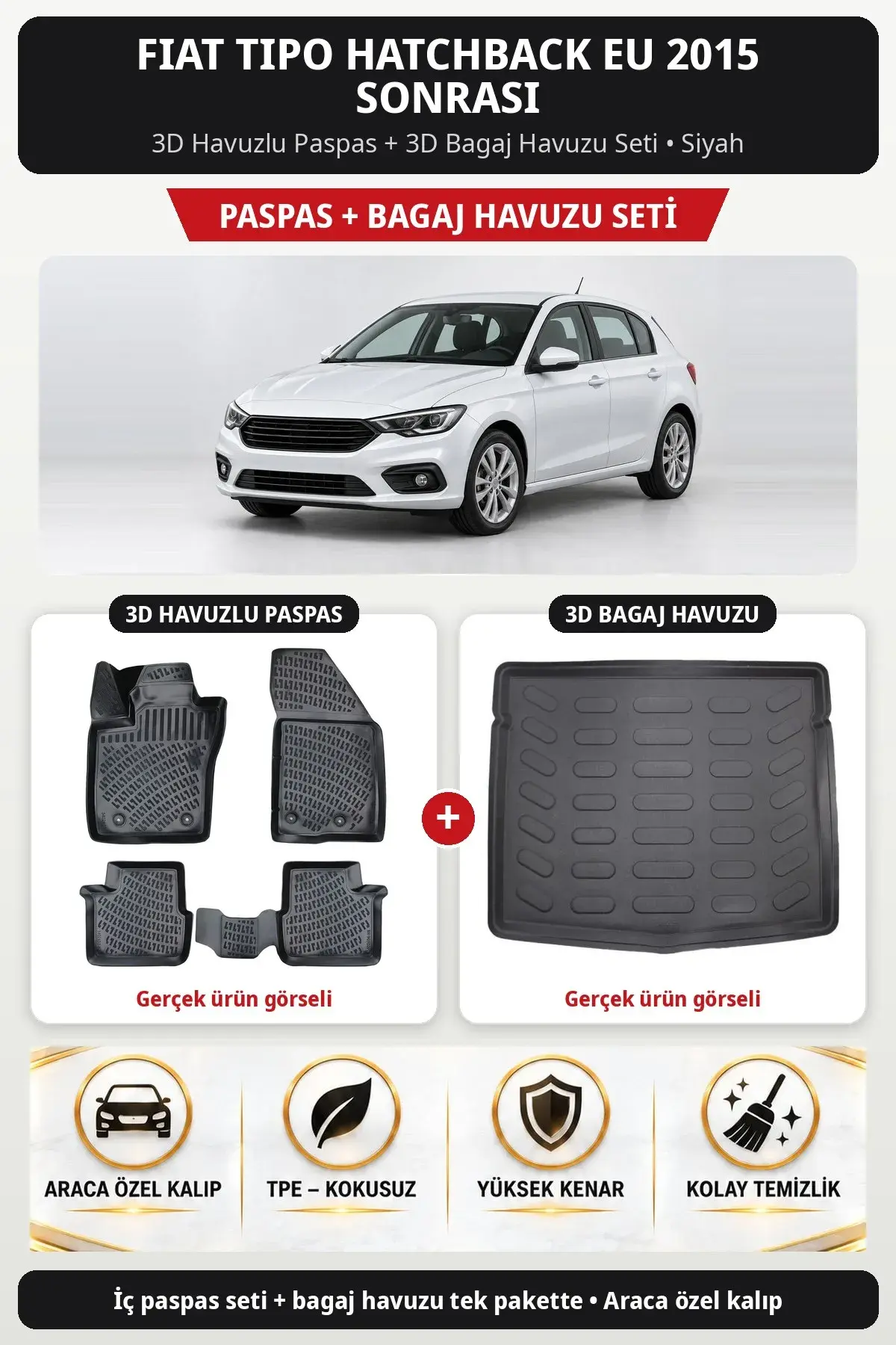 Fiat Tipo Hatchback EU 2015 Sonrası 3D Havuzlu Paspas + 3D Bagaj Havuzu Seti Siyah (1)