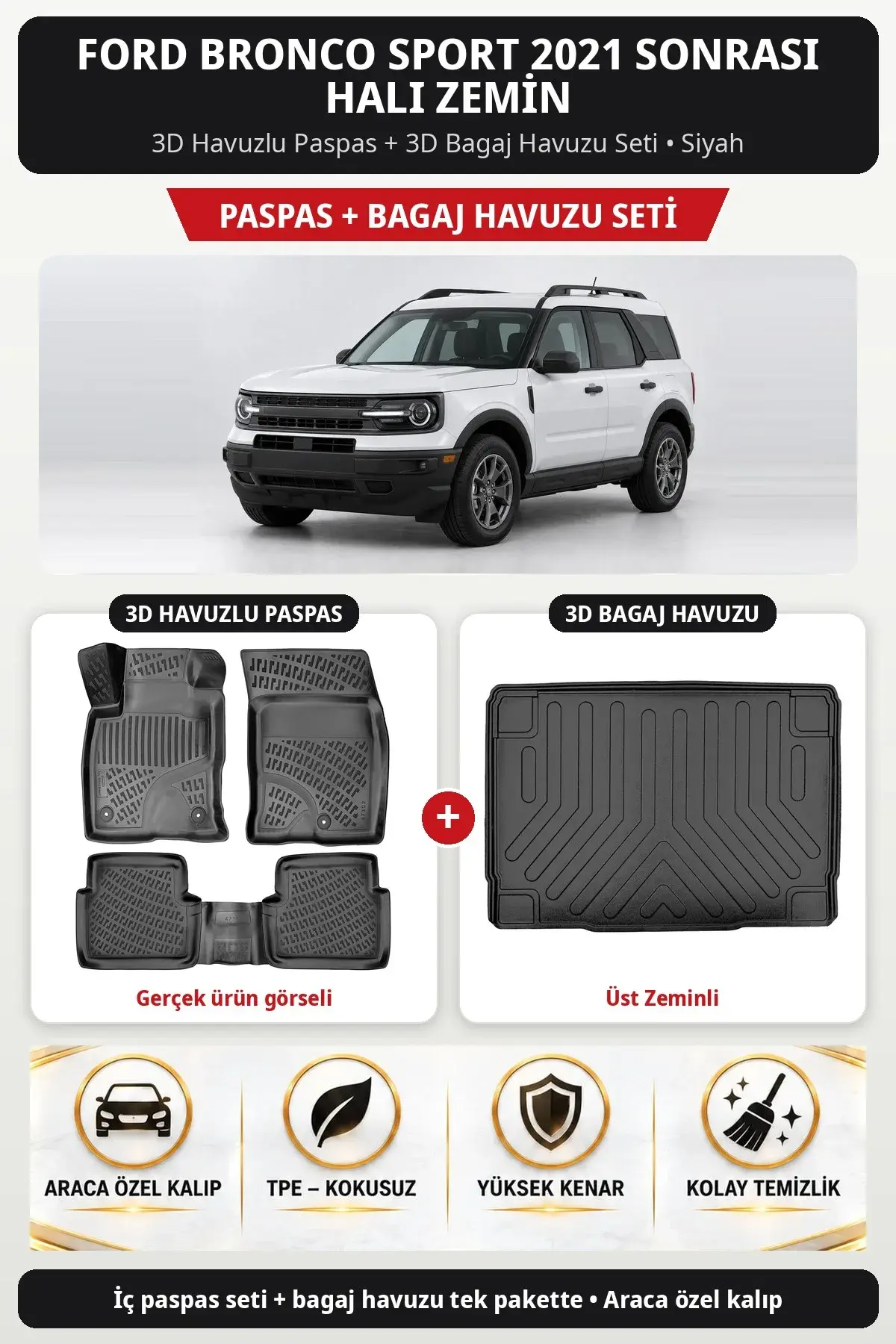 Ford Bronco Sport 2021 Sonrası Halı Zemin 3D Paspas + Bagaj Havuzu Seti (Üst Zeminli) Siyah (1)