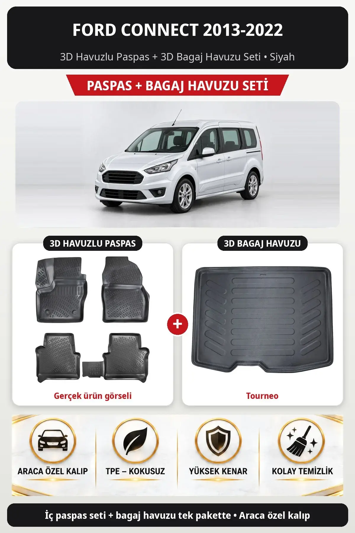 Ford Connect 2013-2022 3D Havuzlu Paspas + 3D Bagaj Havuzu Seti (Tourneo) Siyah (1)