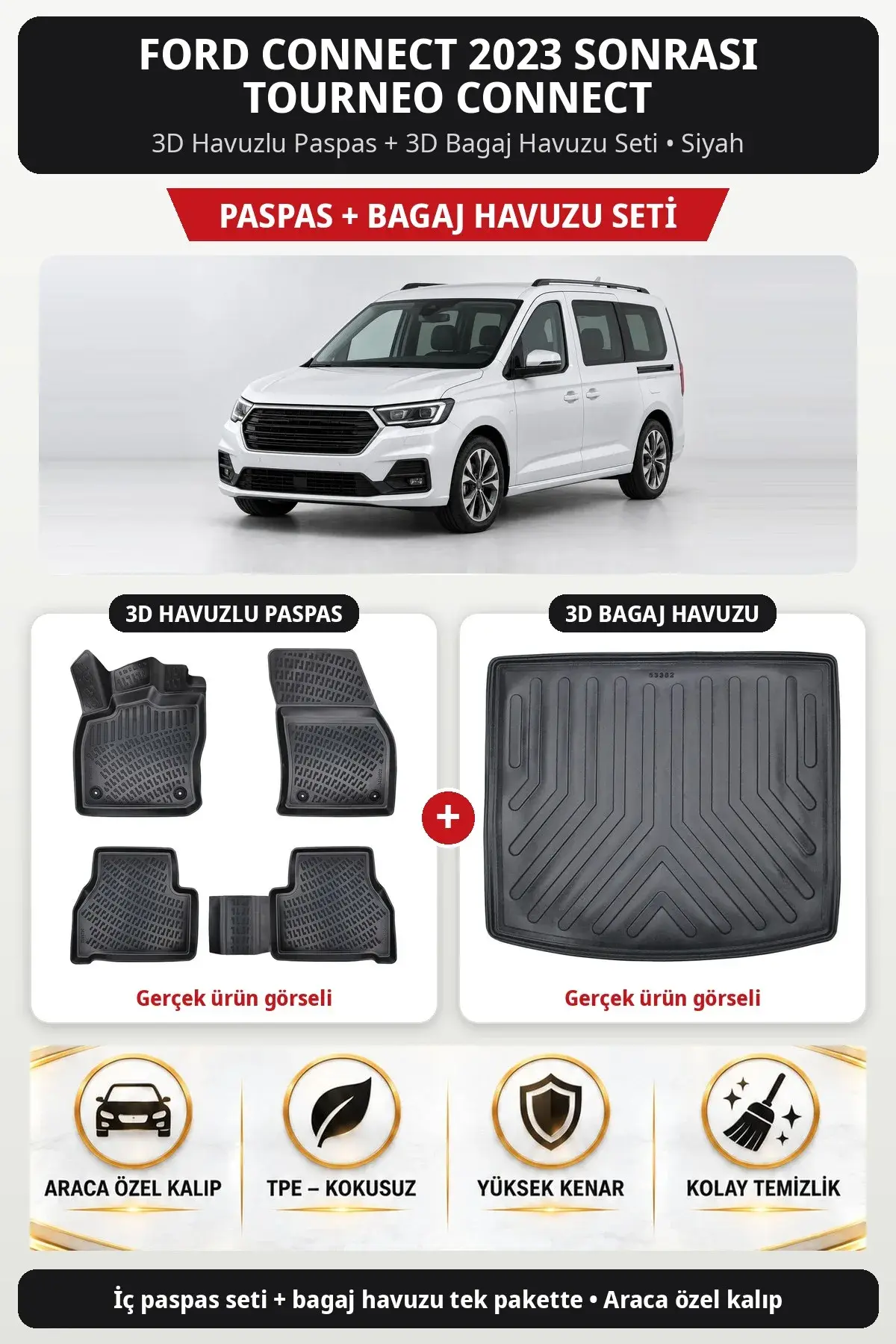 Ford Connect 2023 Sonrası Tourneo Connect 3D Havuzlu Paspas + 3D Bagaj Havuzu Seti Siyah (1)