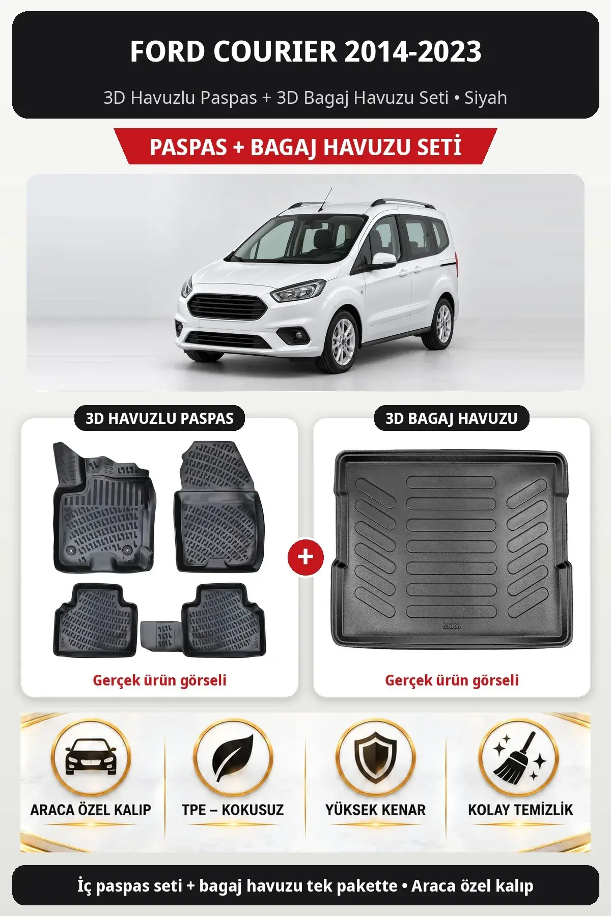 Ford Courier 2014-2023 3D Havuzlu Paspas + 3D Bagaj Havuzu Seti Siyah (1)