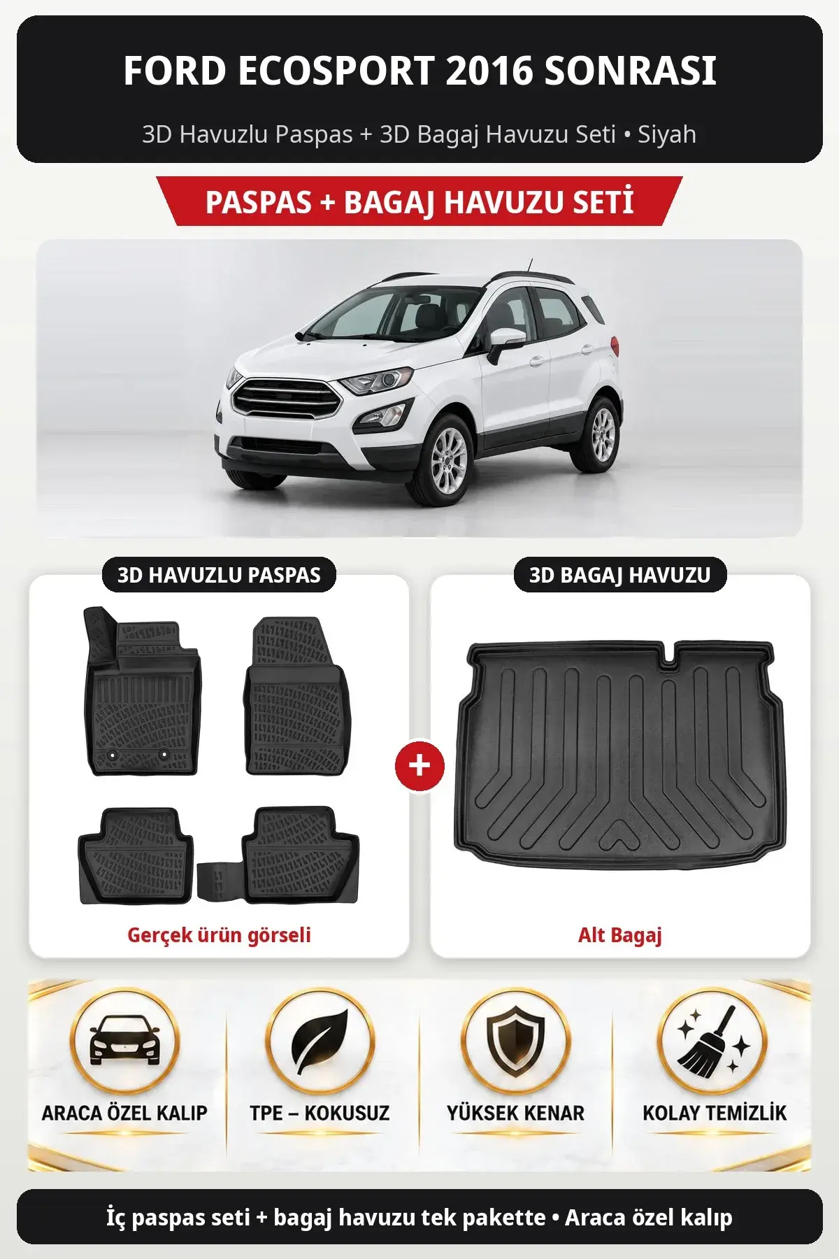 Ford EcoSport 2016 Sonrası 3D Havuzlu Paspas + 3D Bagaj Havuzu Seti (Alt Bagaj) Siyah (1)