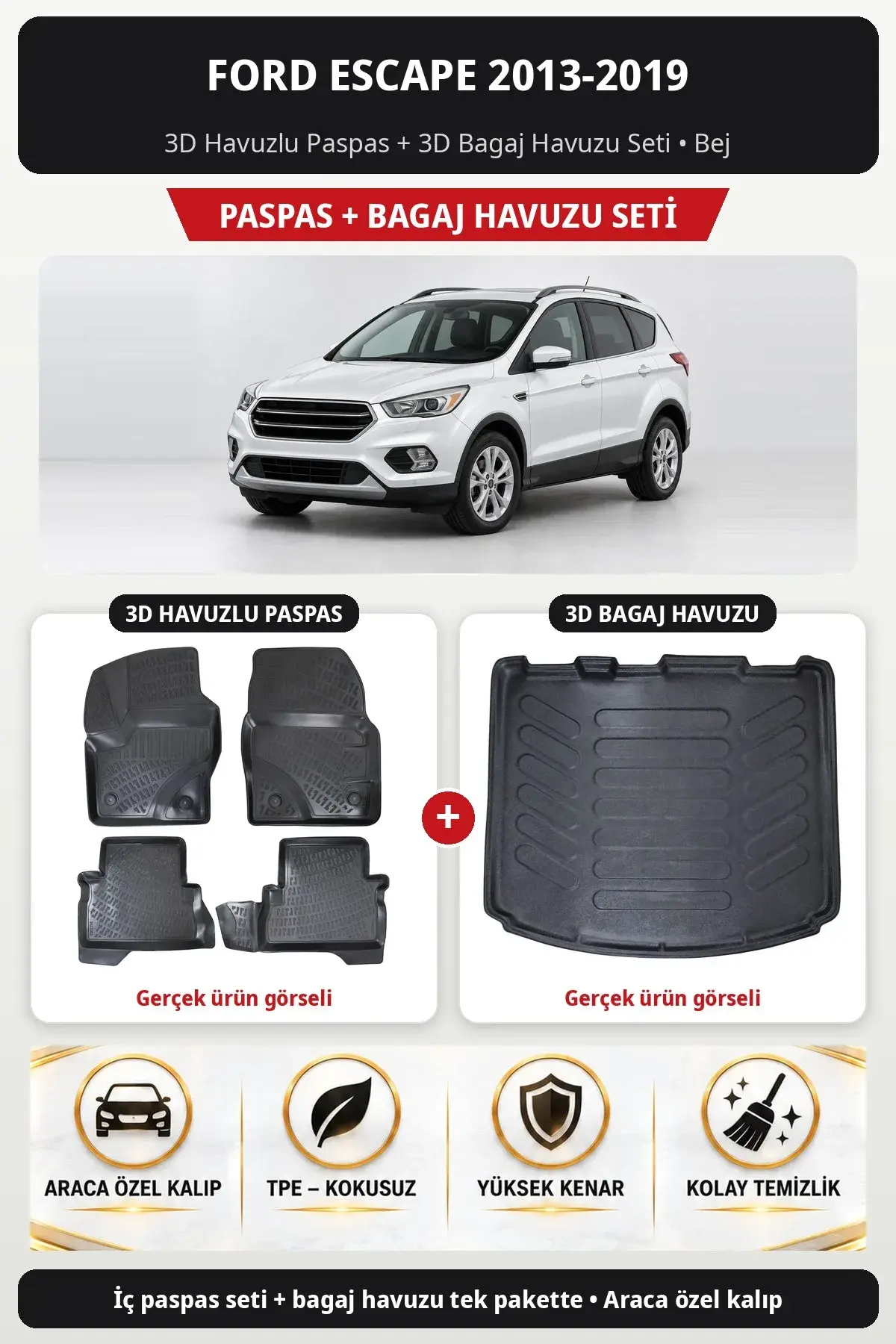 Ford Escape 2013-2019 3D Havuzlu Paspas + 3D Bagaj Havuzu Seti Bej (1)