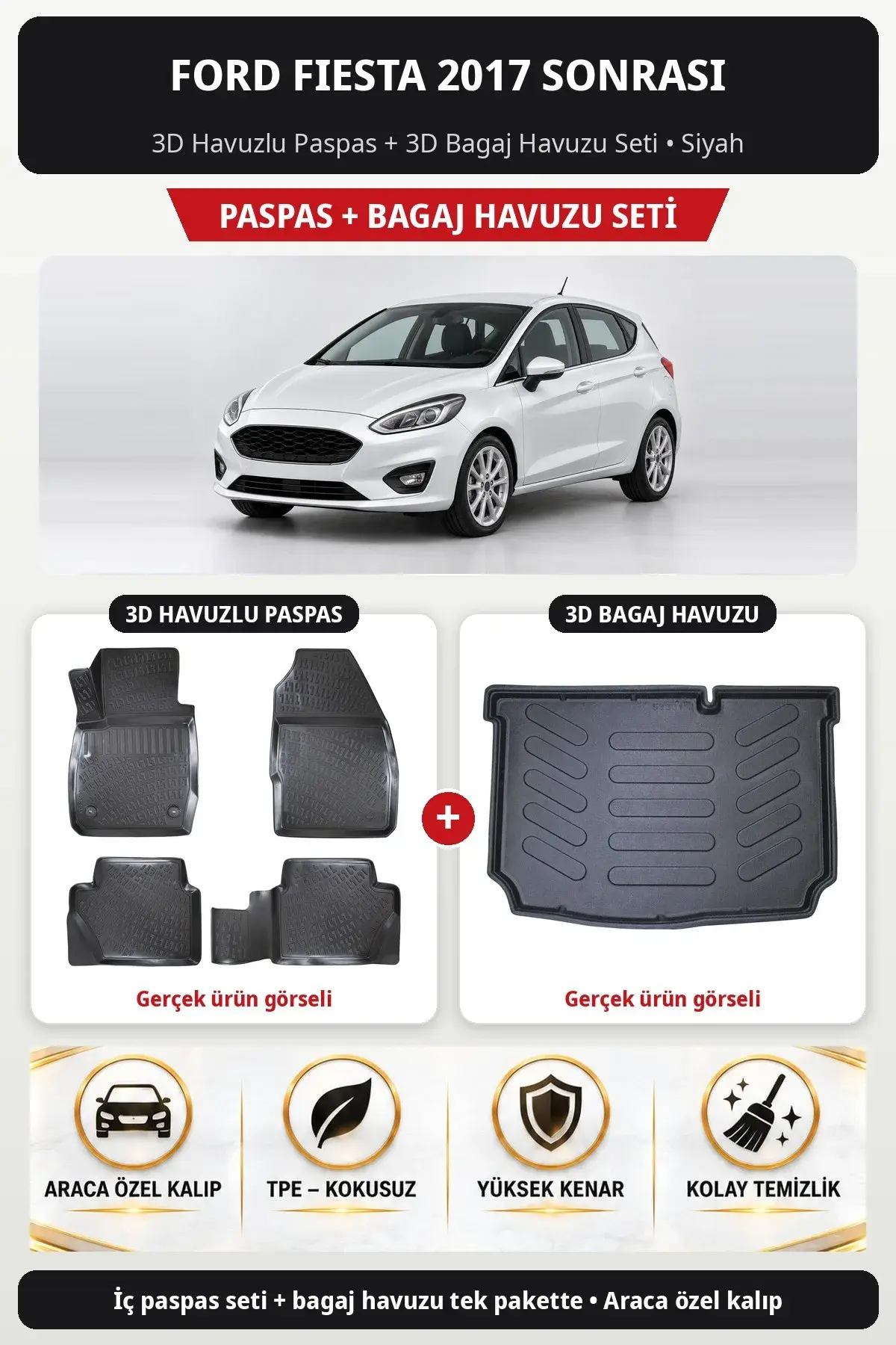 Ford Fiesta 2017 Sonrası 3D Havuzlu Paspas + 3D Bagaj Havuzu Seti Siyah (1)