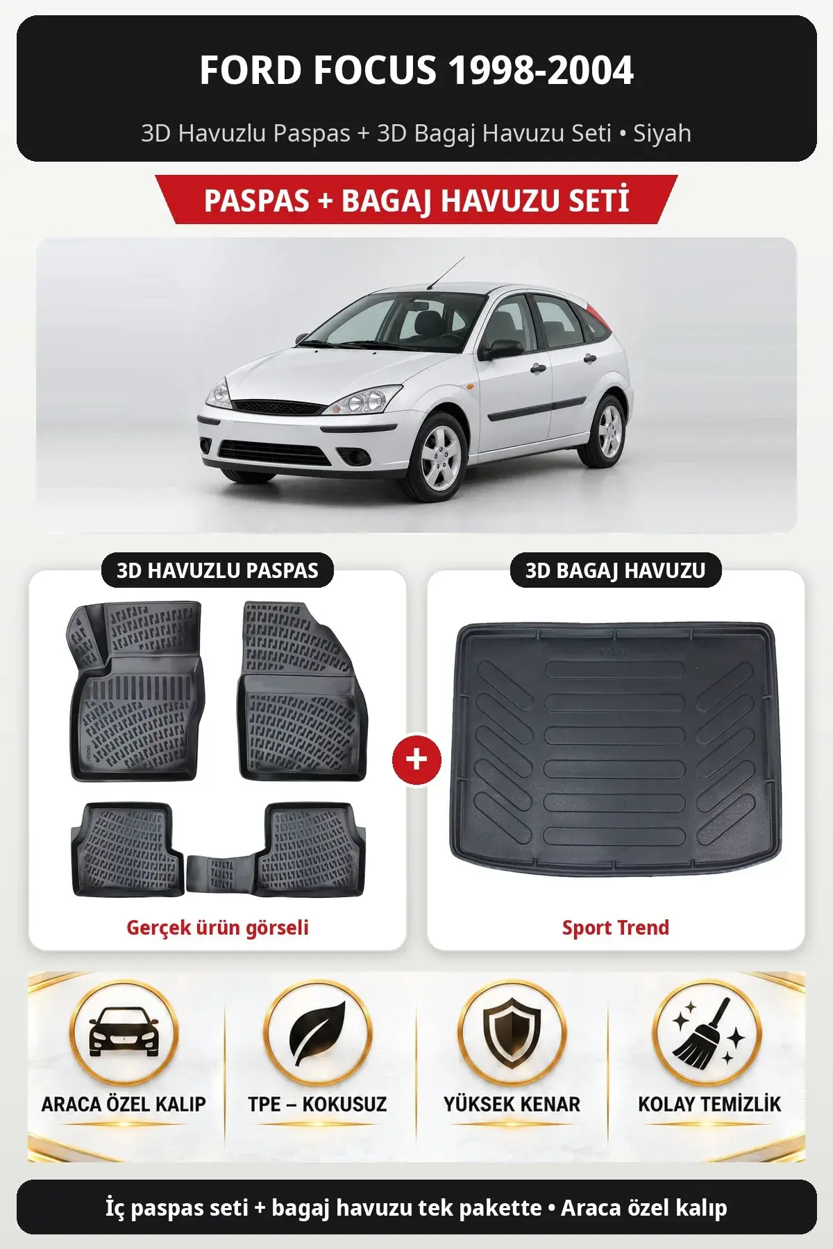 Ford Focus 1998-2004 3D Havuzlu Paspas + 3D Bagaj Havuzu Seti (Sport Trend) Siyah (1)