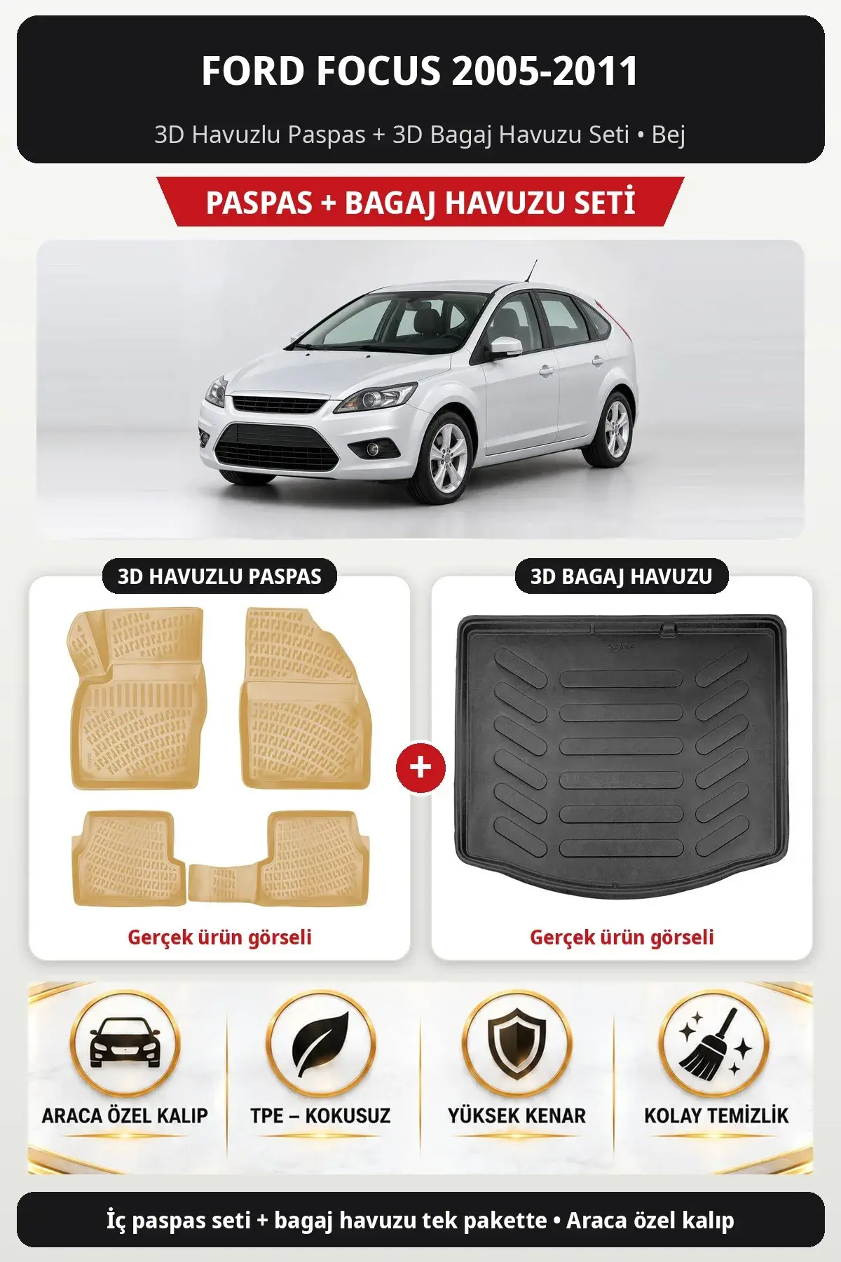 Ford Focus 2005-2011 3D Havuzlu Paspas + 3D Bagaj Havuzu Seti Bej (1)