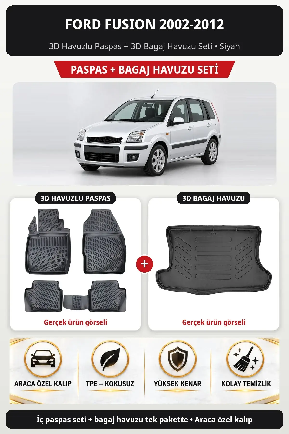 Ford Fusion 2002-2012 3D Havuzlu Paspas + 3D Bagaj Havuzu Seti Siyah (1)
