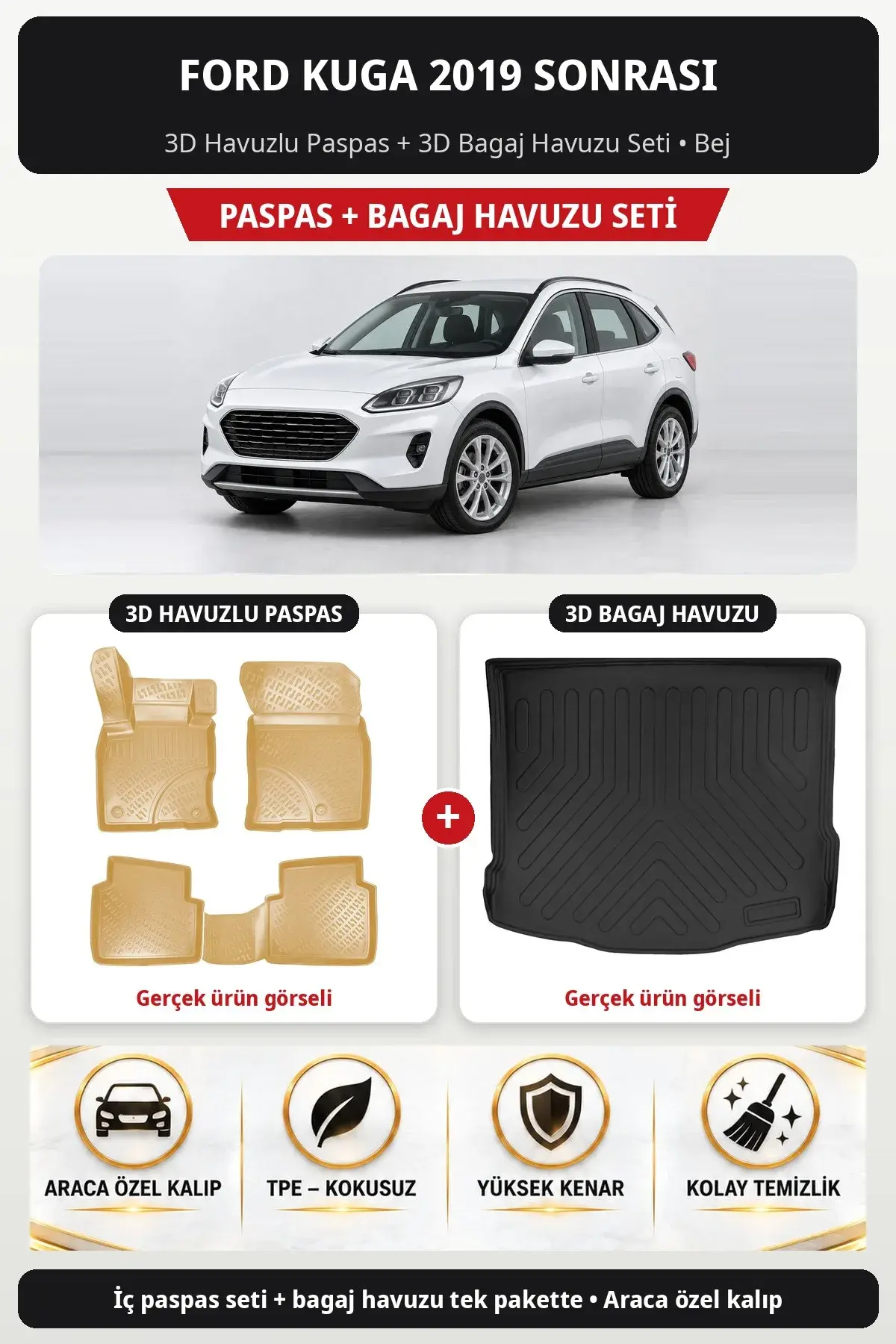 Ford Kuga 2019 Sonrası 3D Havuzlu Paspas + 3D Bagaj Havuzu Seti Bej (1)
