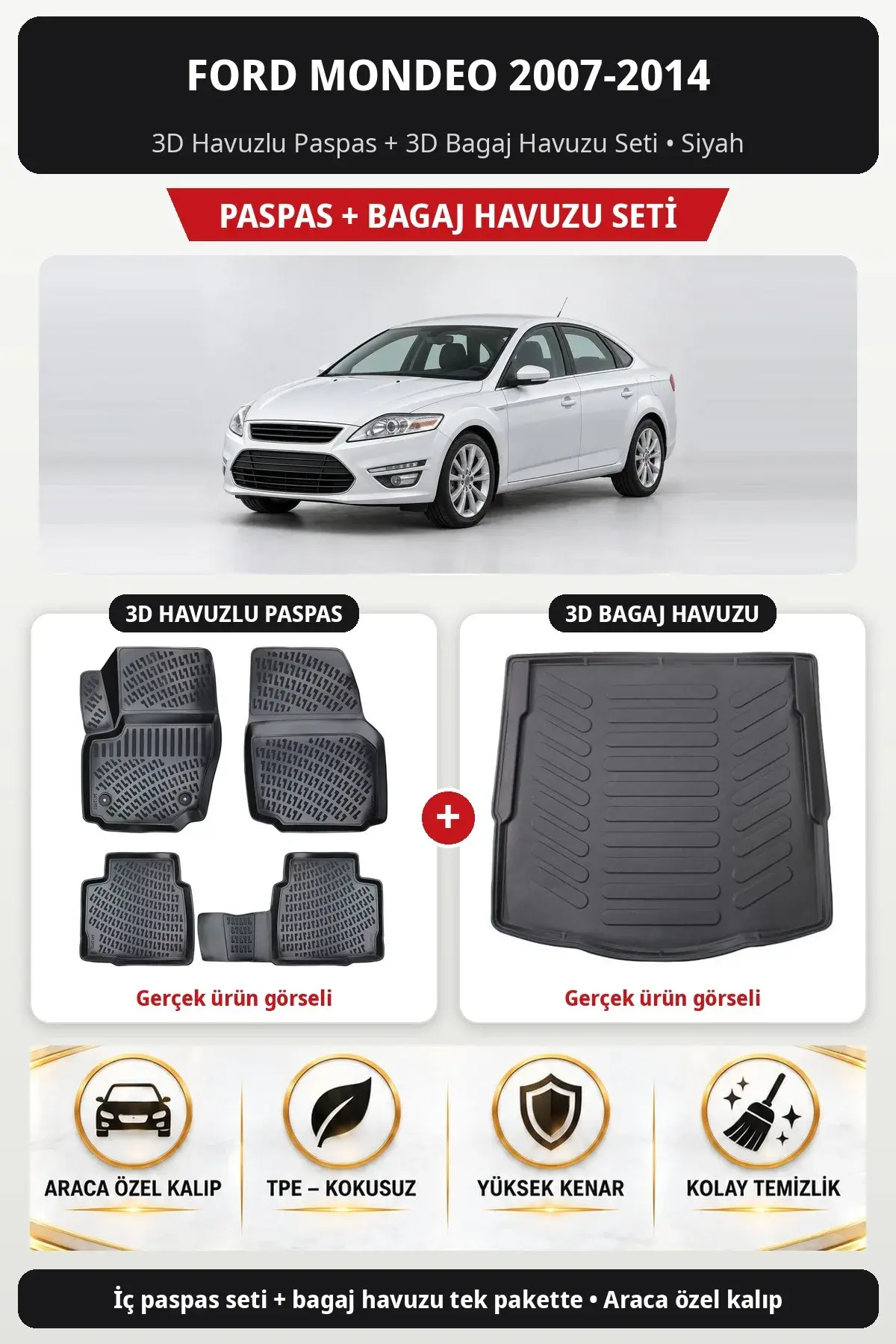 Ford Mondeo 2007-2014 3D Havuzlu Paspas + 3D Bagaj Havuzu Seti Siyah (1)