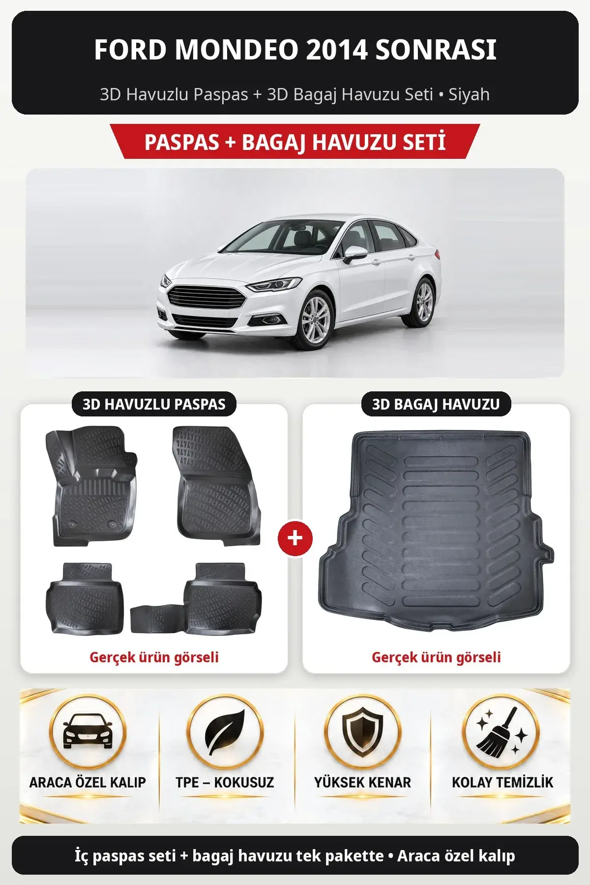 Ford Mondeo 2014 Sonrası 3D Havuzlu Paspas + 3D Bagaj Havuzu Seti Siyah (1)