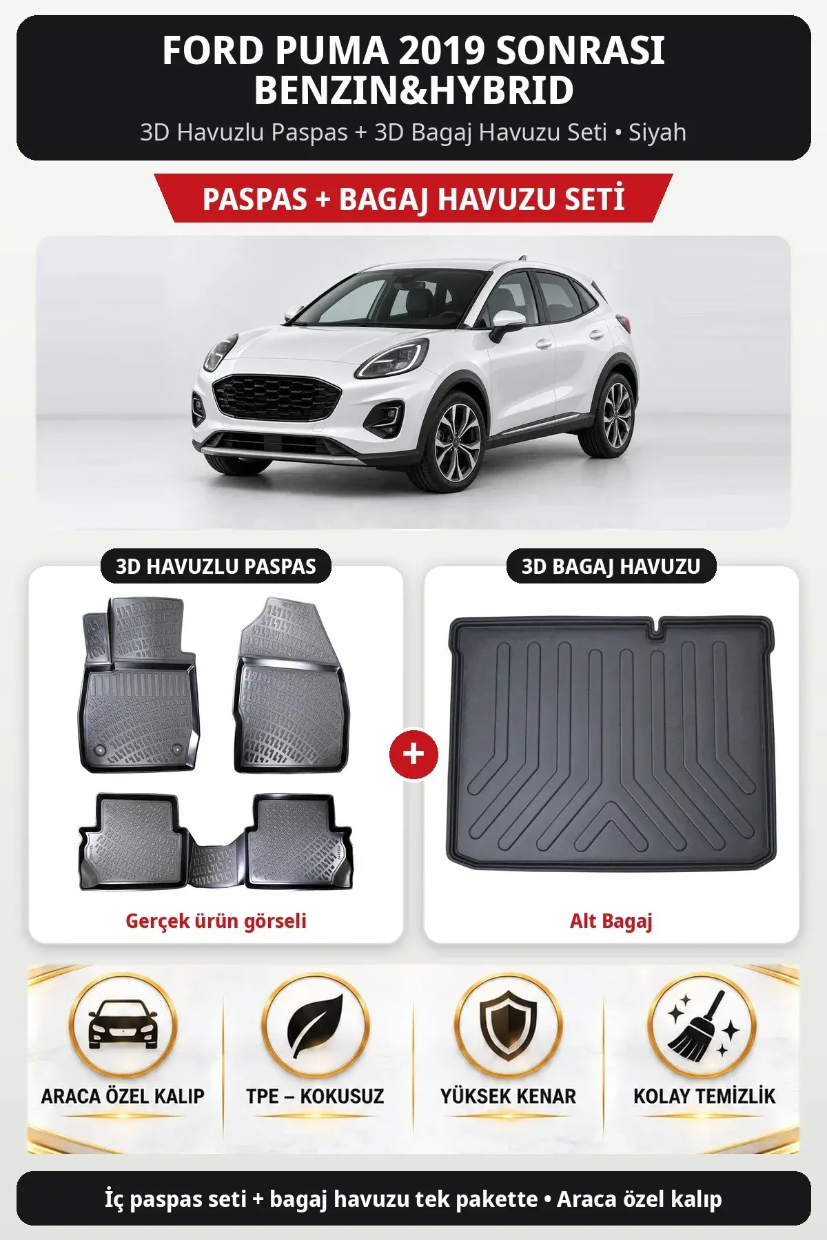 Ford Puma 2019 Sonrası Benzin&Hybrid 3D Havuzlu Paspas + 3D Bagaj Havuzu Seti (Alt Bagaj) Siyah (1)