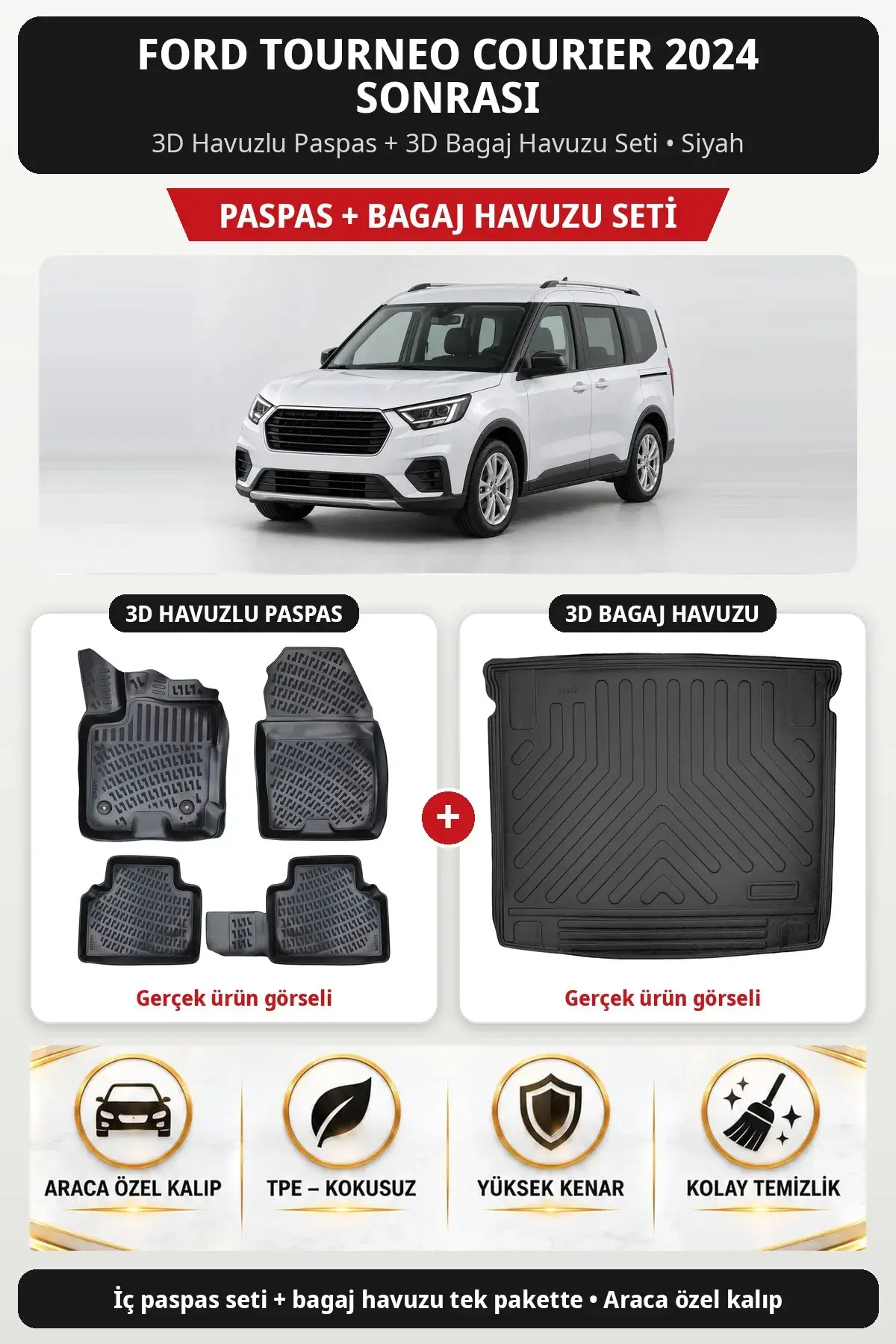 Ford Tourneo Courier 2024 Sonrası 3D Havuzlu Paspas + 3D Bagaj Havuzu Seti Siyah (1)