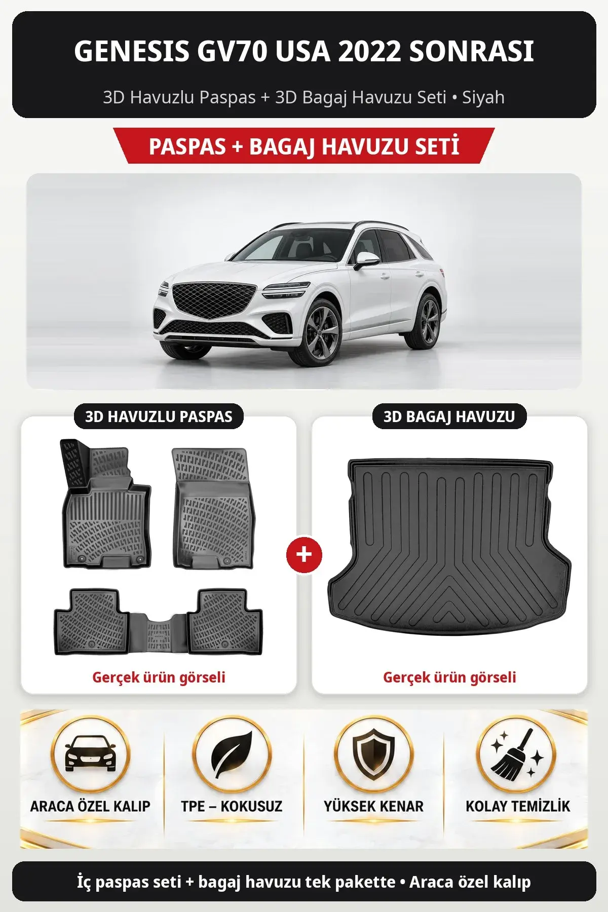 Genesis GV70 USA 2022 Sonrası 3D Havuzlu Paspas + 3D Bagaj Havuzu Seti Siyah (1)