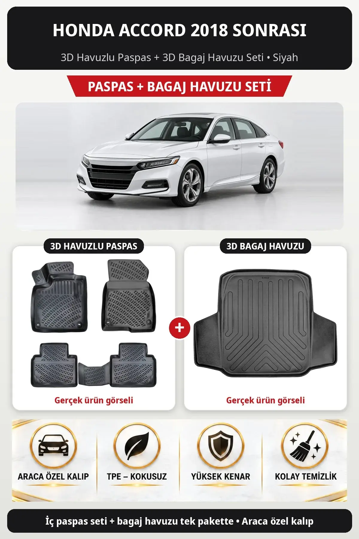 Honda Accord 2018 Sonrası 3D Havuzlu Paspas + 3D Bagaj Havuzu Seti Siyah (1)