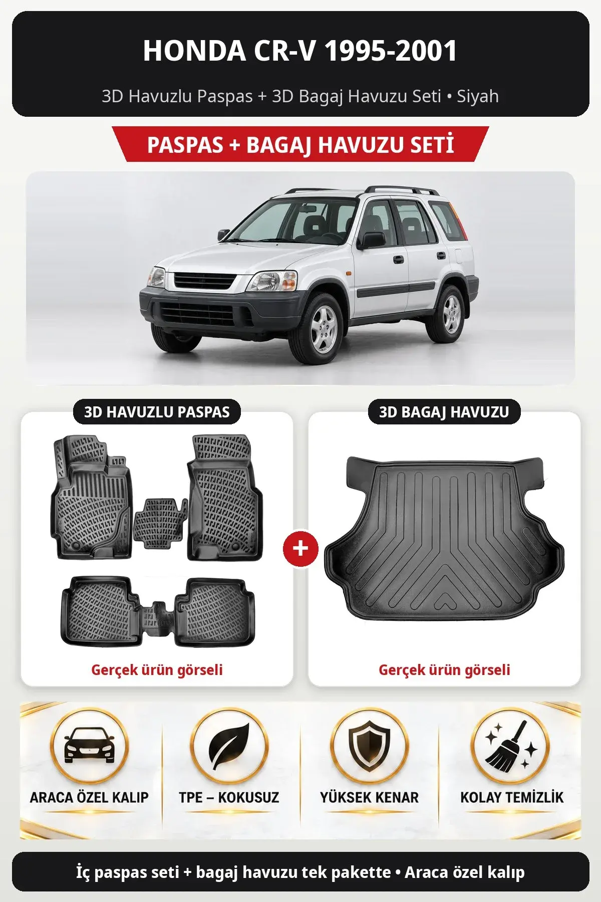Honda CR-V 1995-2001 3D Havuzlu Paspas + 3D Bagaj Havuzu Seti Siyah (1)