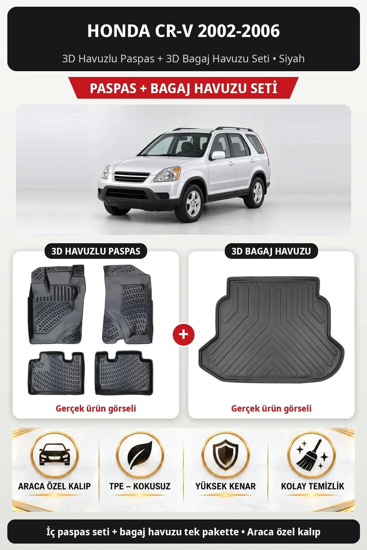Honda CR-V 2002-2006 3D Havuzlu Paspas + 3D Bagaj Havuzu Seti Siyah (1)