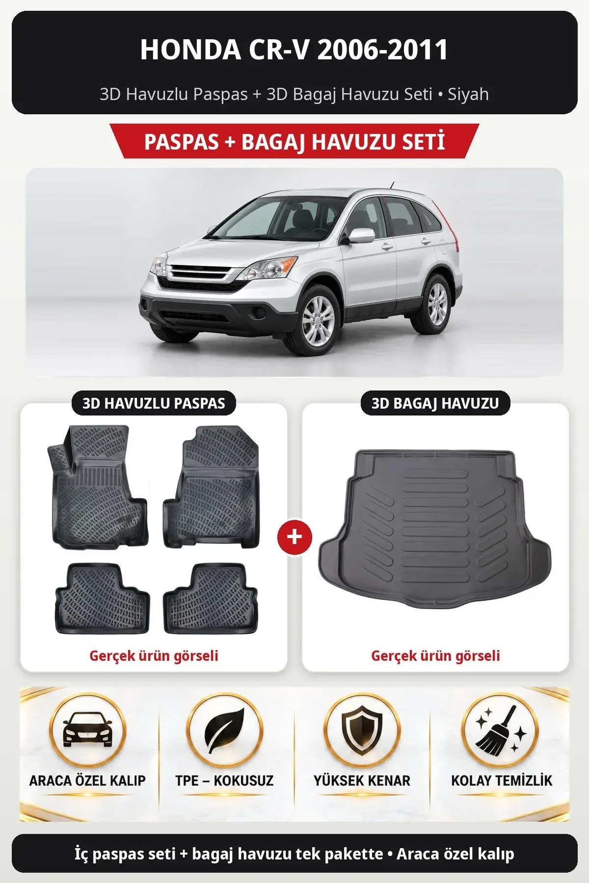 Honda CR-V 2006-2011 3D Havuzlu Paspas + 3D Bagaj Havuzu Seti Siyah (1)