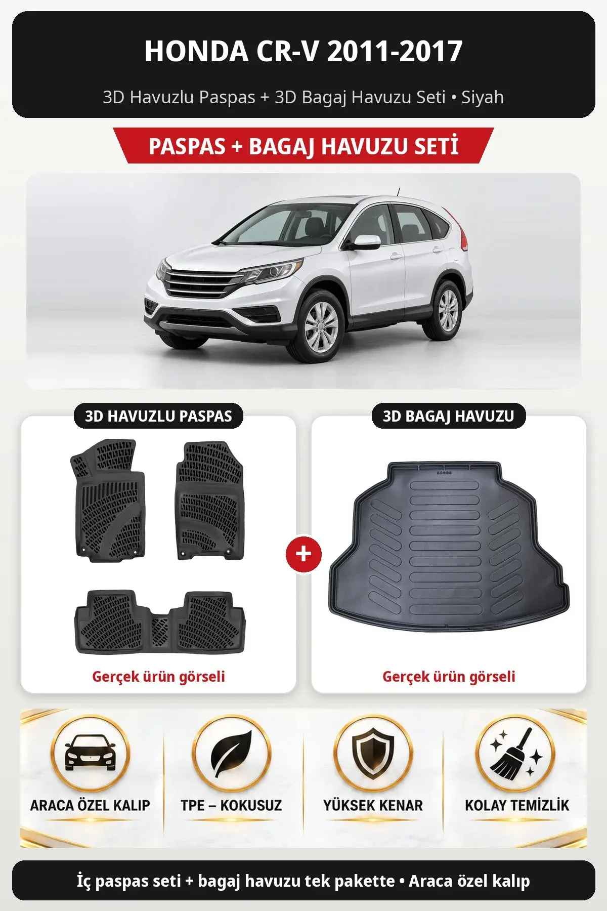 Honda CR-V 2011-2017 3D Havuzlu Paspas + 3D Bagaj Havuzu Seti Siyah (1)