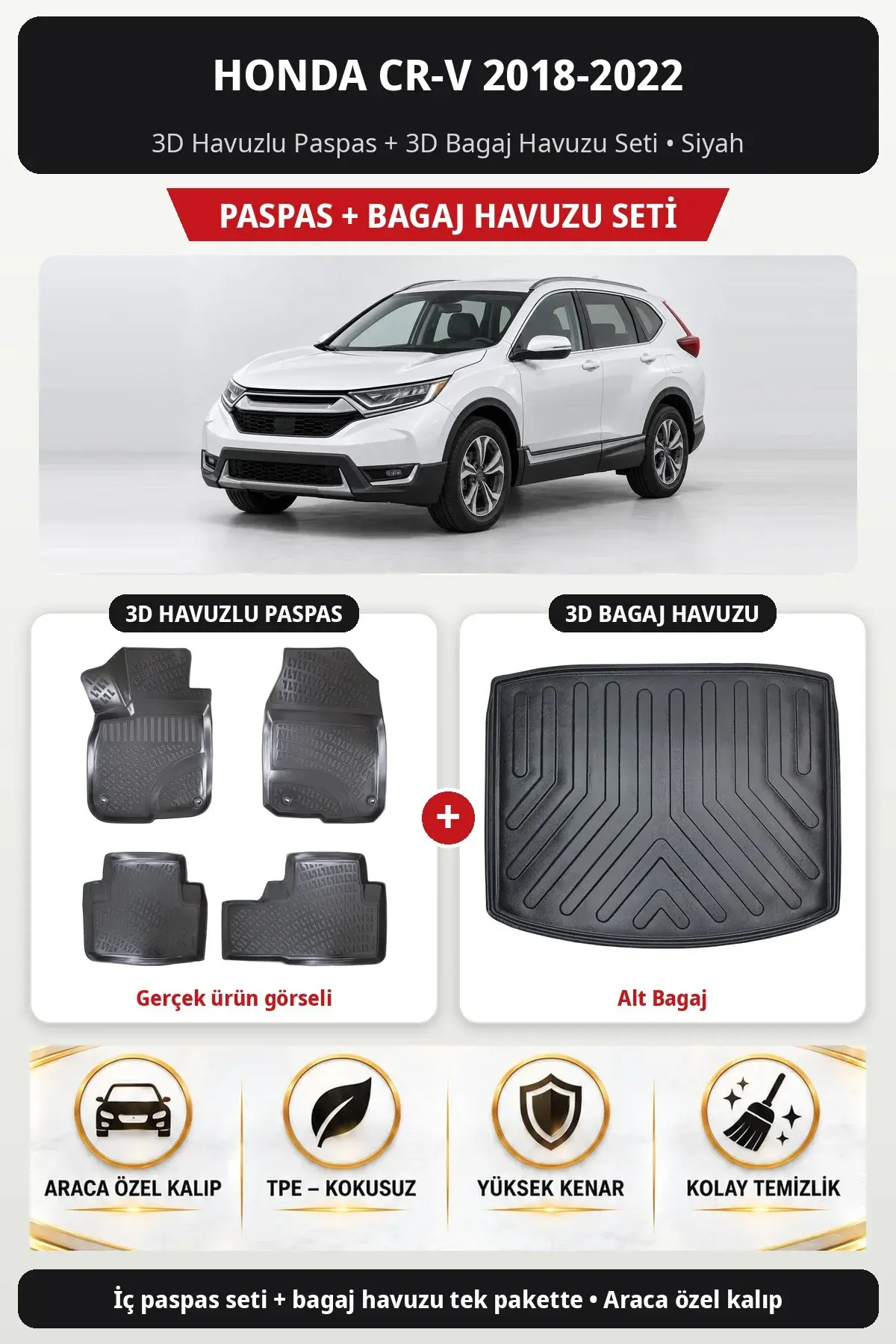 Honda CR-V 2018-2022 3D Havuzlu Paspas + 3D Bagaj Havuzu Seti (Alt Bagaj) Siyah (1)