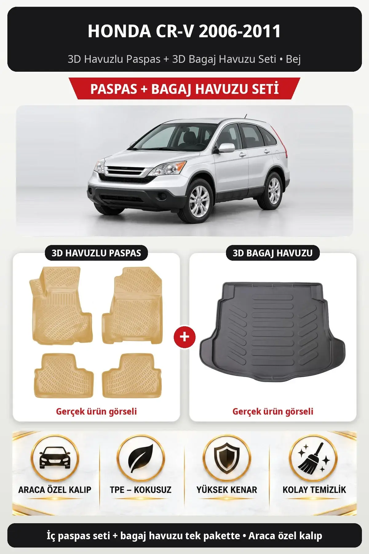 Honda CR-V 2006-2011 3D Havuzlu Paspas + 3D Bagaj Havuzu Seti Bej (1)