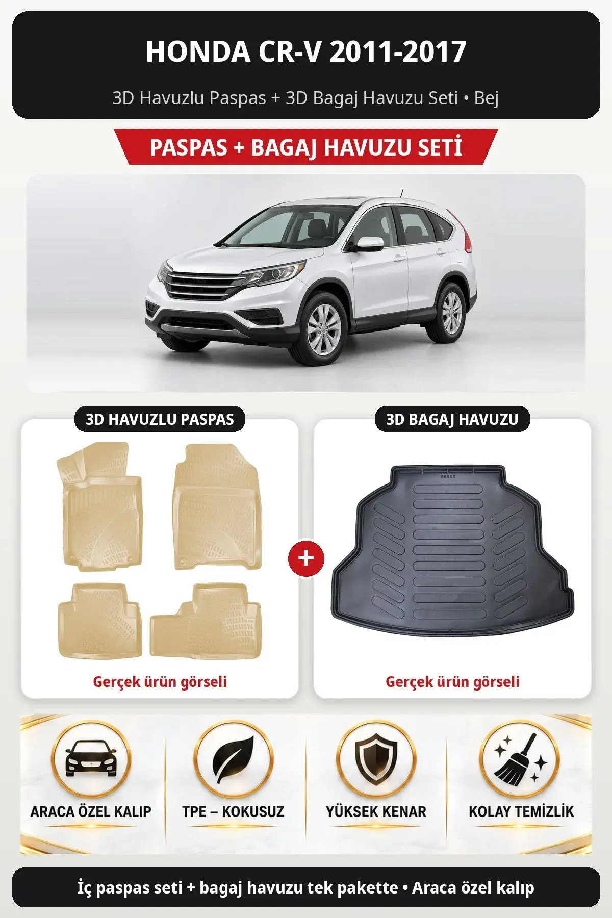 Honda CR-V 2011-2017 3D Havuzlu Paspas + 3D Bagaj Havuzu Seti Bej (1)