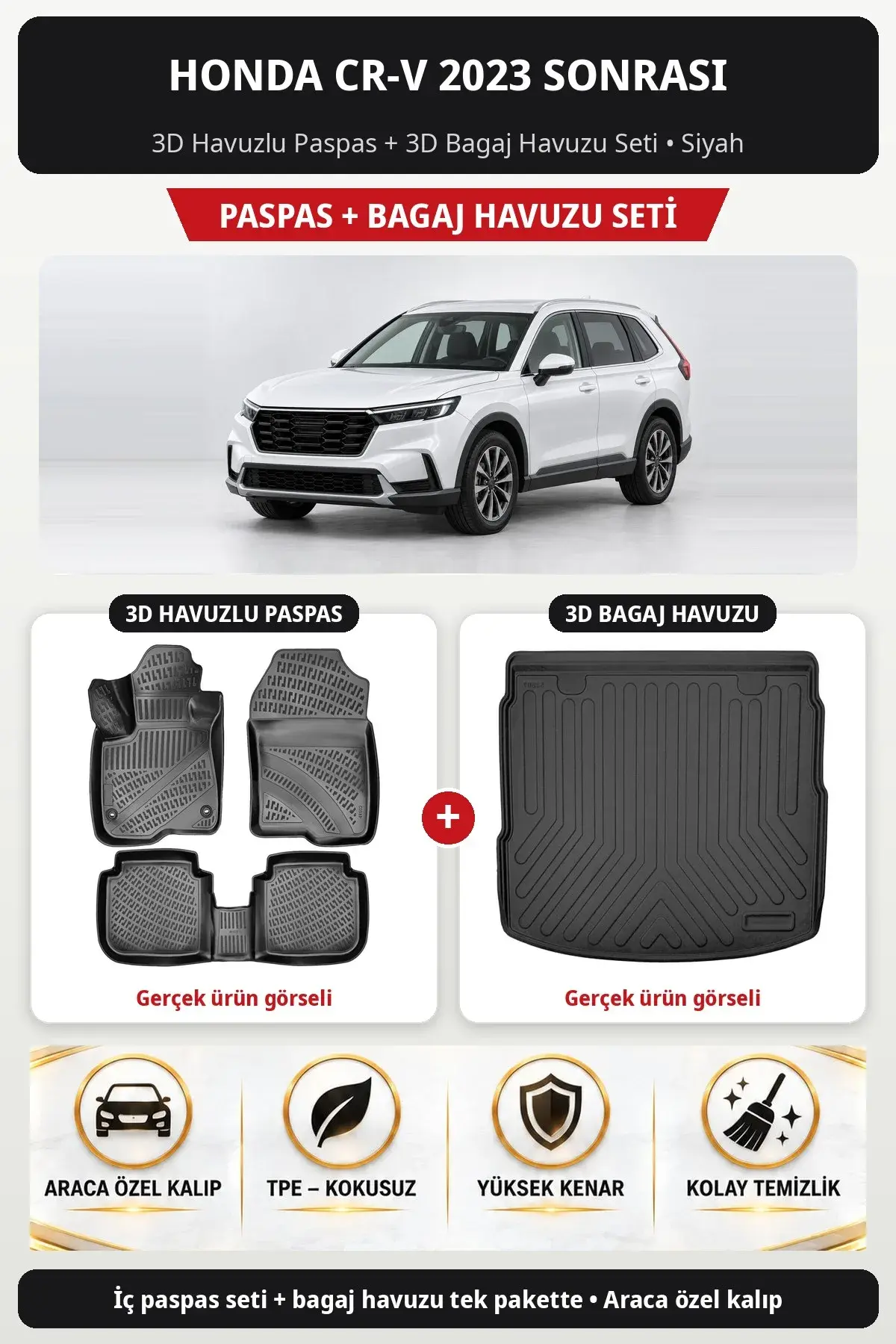 Honda CR-V 2023 Sonrası 3D Havuzlu Paspas + 3D Bagaj Havuzu Seti Siyah (1)
