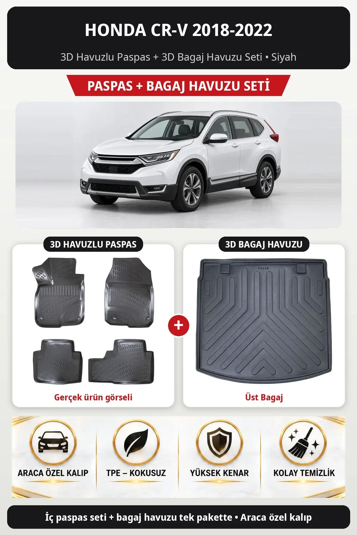 Honda CR-V 2018-2022 3D Havuzlu Paspas + 3D Bagaj Havuzu Seti (Üst Bagaj) Siyah (1)