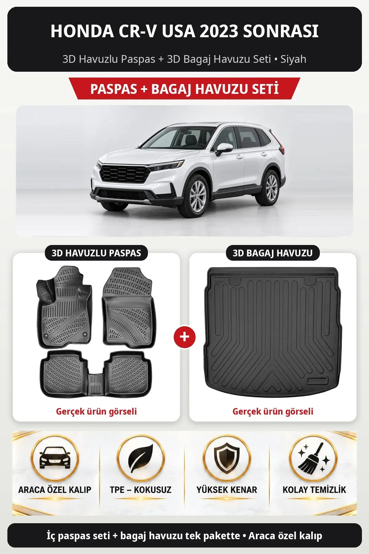Honda CR-V USA 2023 Sonrası 3D Havuzlu Paspas + 3D Bagaj Havuzu Seti Siyah (1)