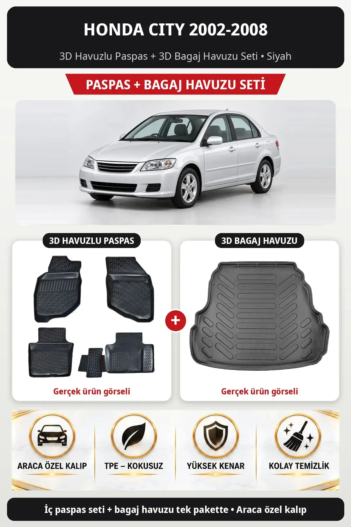 Honda City 2002-2008 3D Havuzlu Paspas + 3D Bagaj Havuzu Seti Siyah (1)