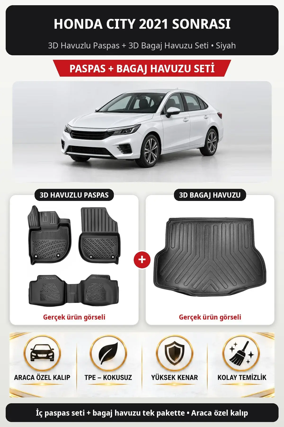 Honda City 2021 Sonrası 3D Havuzlu Paspas + 3D Bagaj Havuzu Seti Siyah (1)