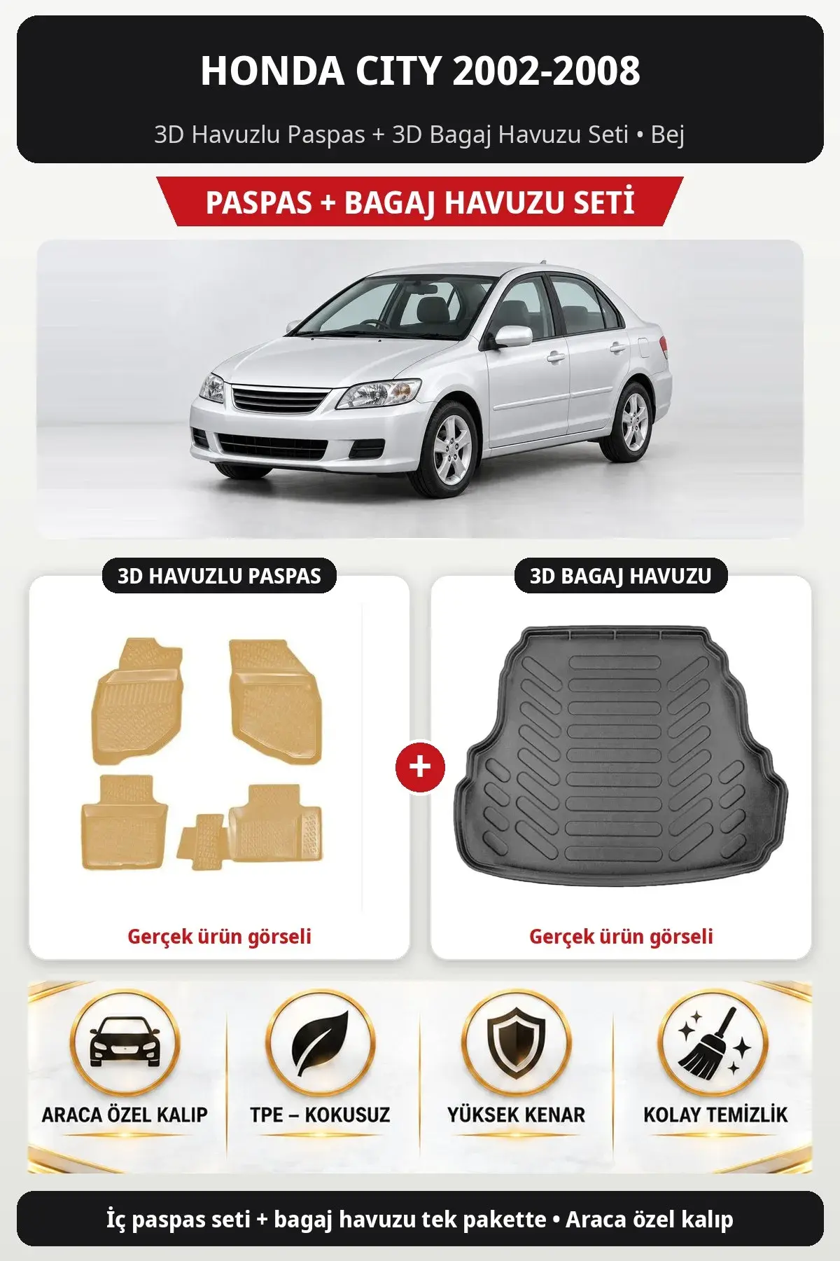 Honda City 2002-2008 3D Havuzlu Paspas + 3D Bagaj Havuzu Seti Bej (1)