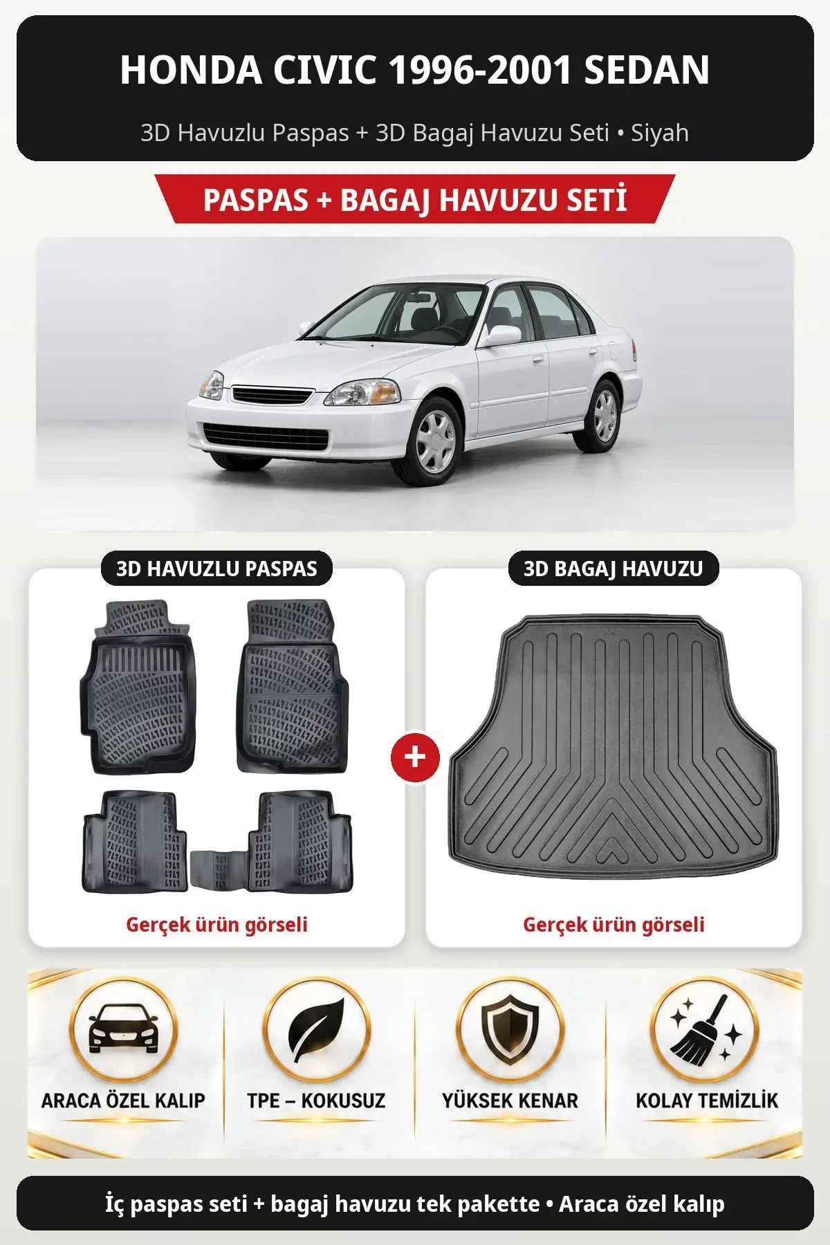 Honda Civic 1996-2001 Sedan 3D Havuzlu Paspas + 3D Bagaj Havuzu Seti Siyah (1)