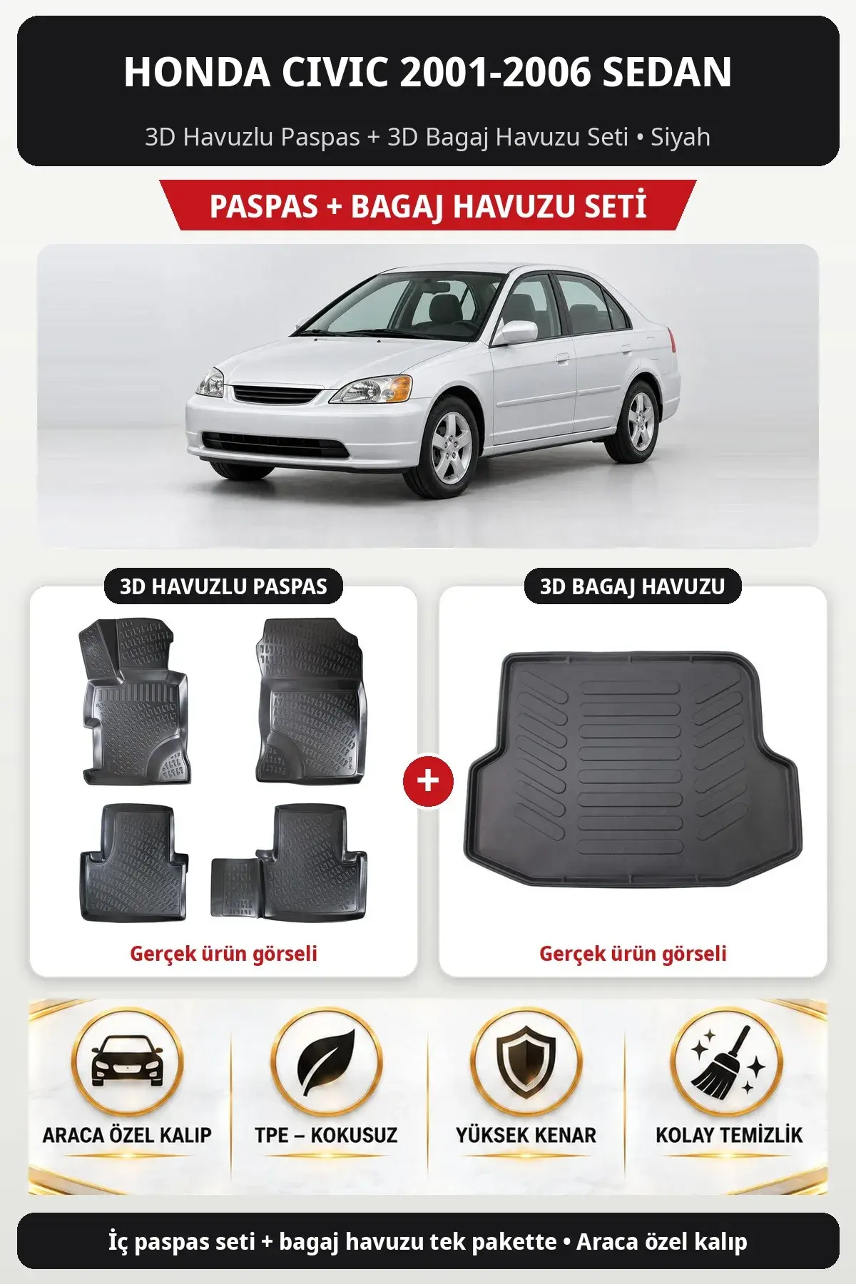 Honda Civic 2001-2006 Sedan 3D Havuzlu Paspas + 3D Bagaj Havuzu Seti Siyah (1)