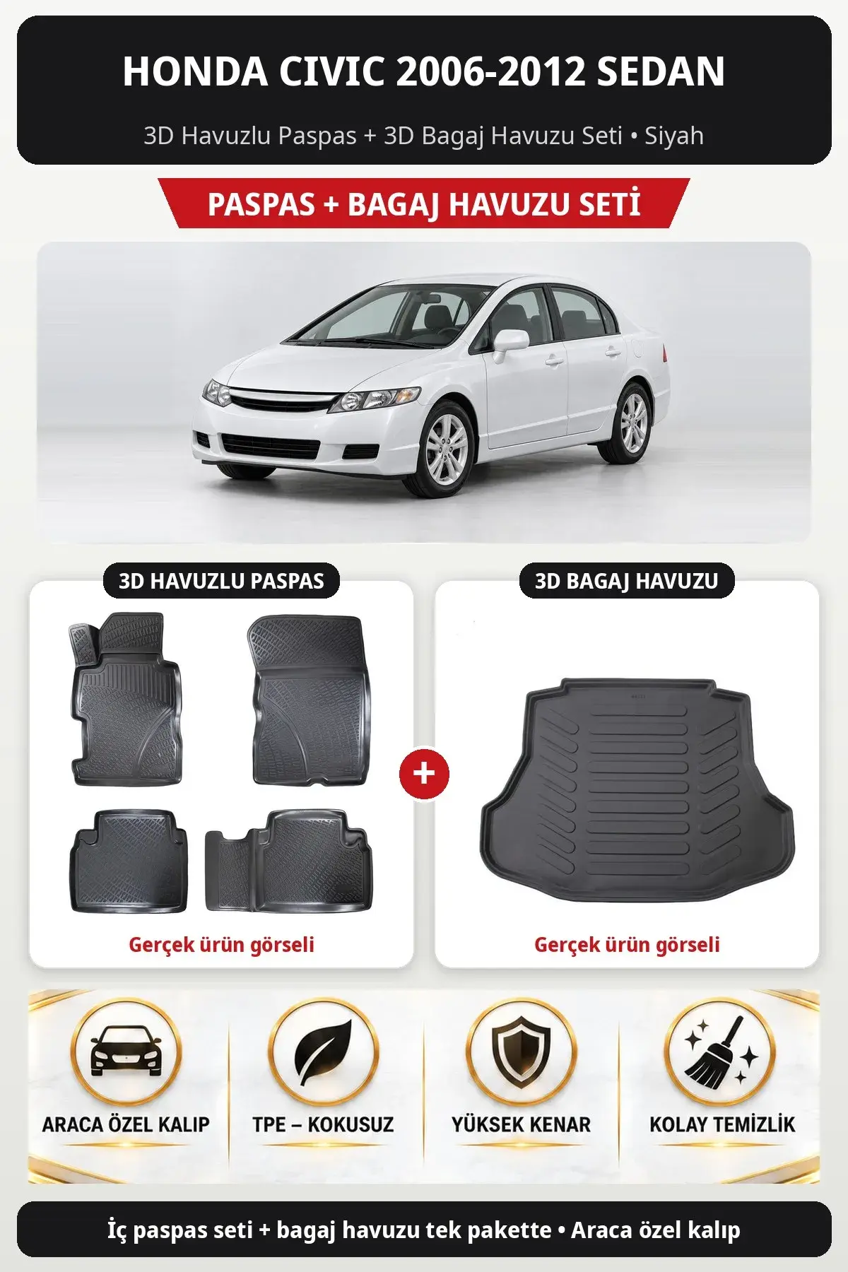 Honda Civic 2006-2012 Sedan 3D Havuzlu Paspas + 3D Bagaj Havuzu Seti Siyah (1)