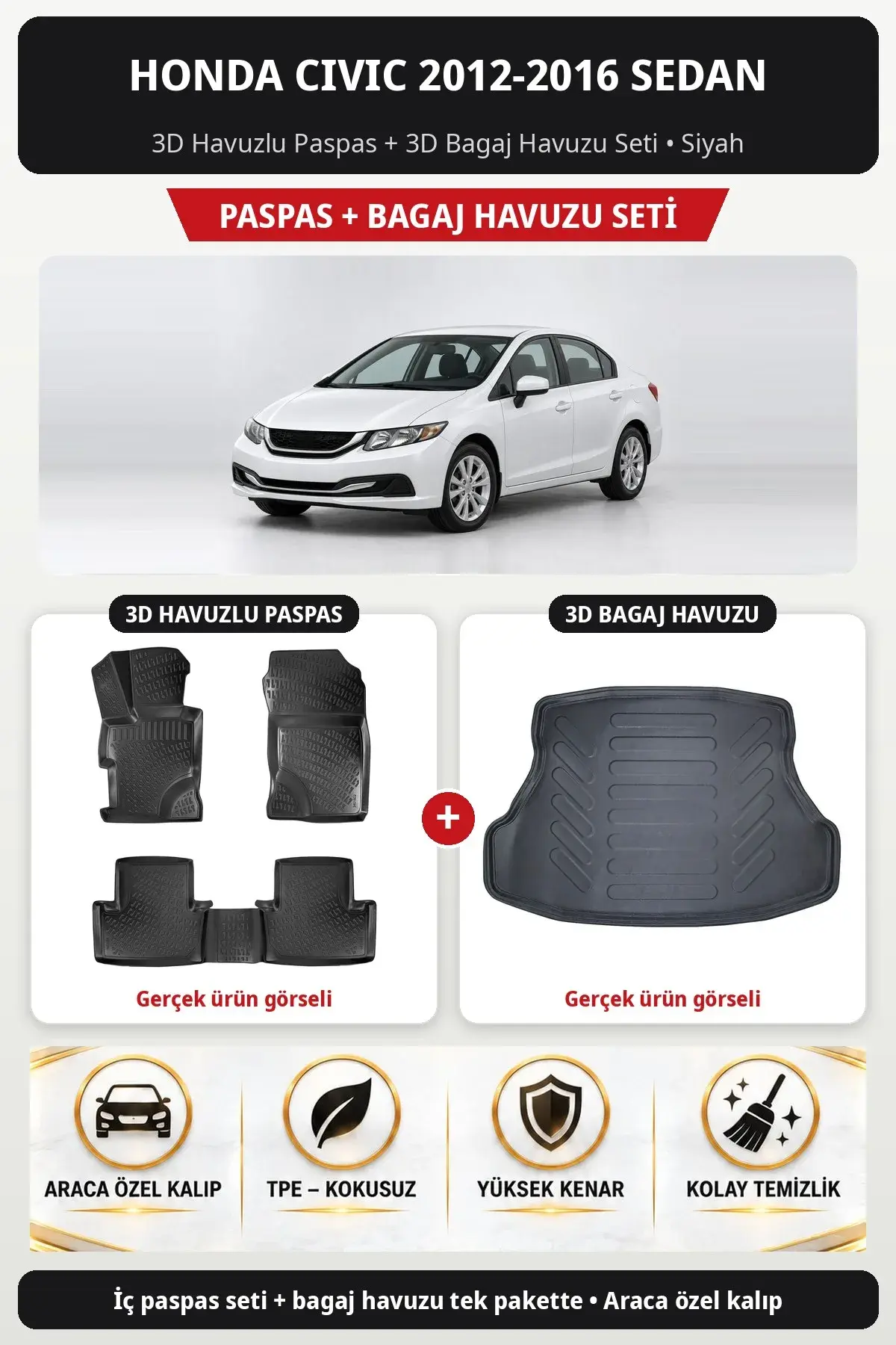 Honda Civic 2012-2016 Sedan 3D Havuzlu Paspas + 3D Bagaj Havuzu Seti Siyah (1)