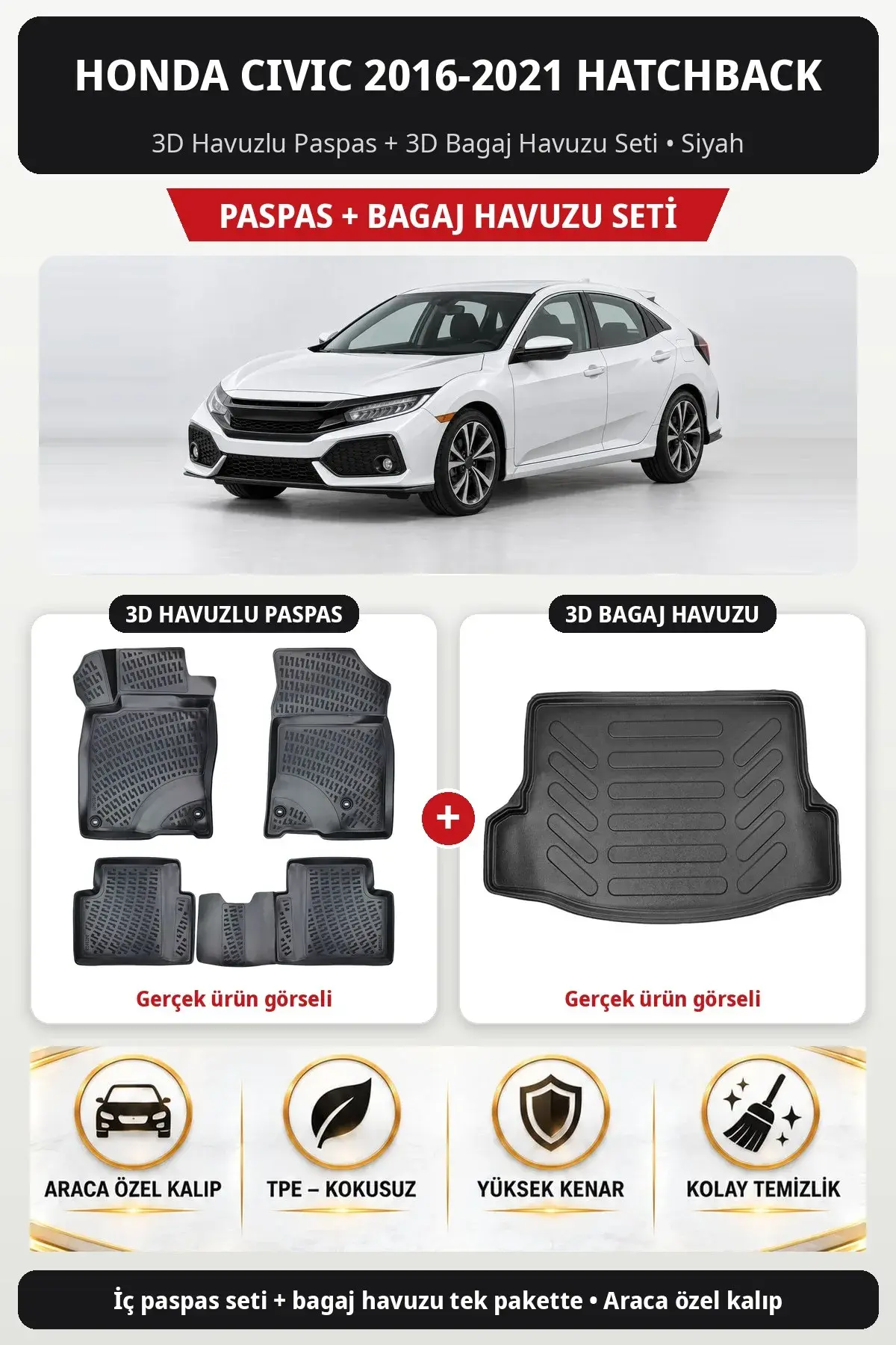 Honda Civic 2016-2021 Hatchback 3D Havuzlu Paspas + 3D Bagaj Havuzu Seti Siyah (1)