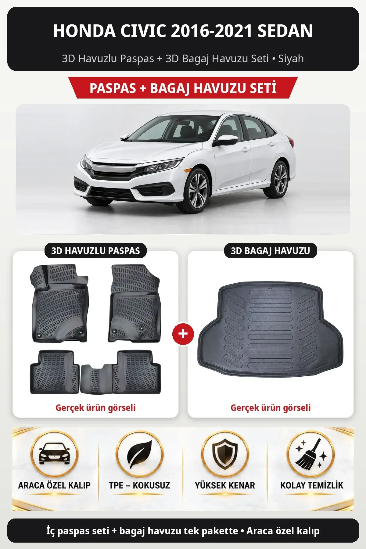 Honda Civic 2016-2021 Sedan 3D Havuzlu Paspas + 3D Bagaj Havuzu Seti Siyah (1)